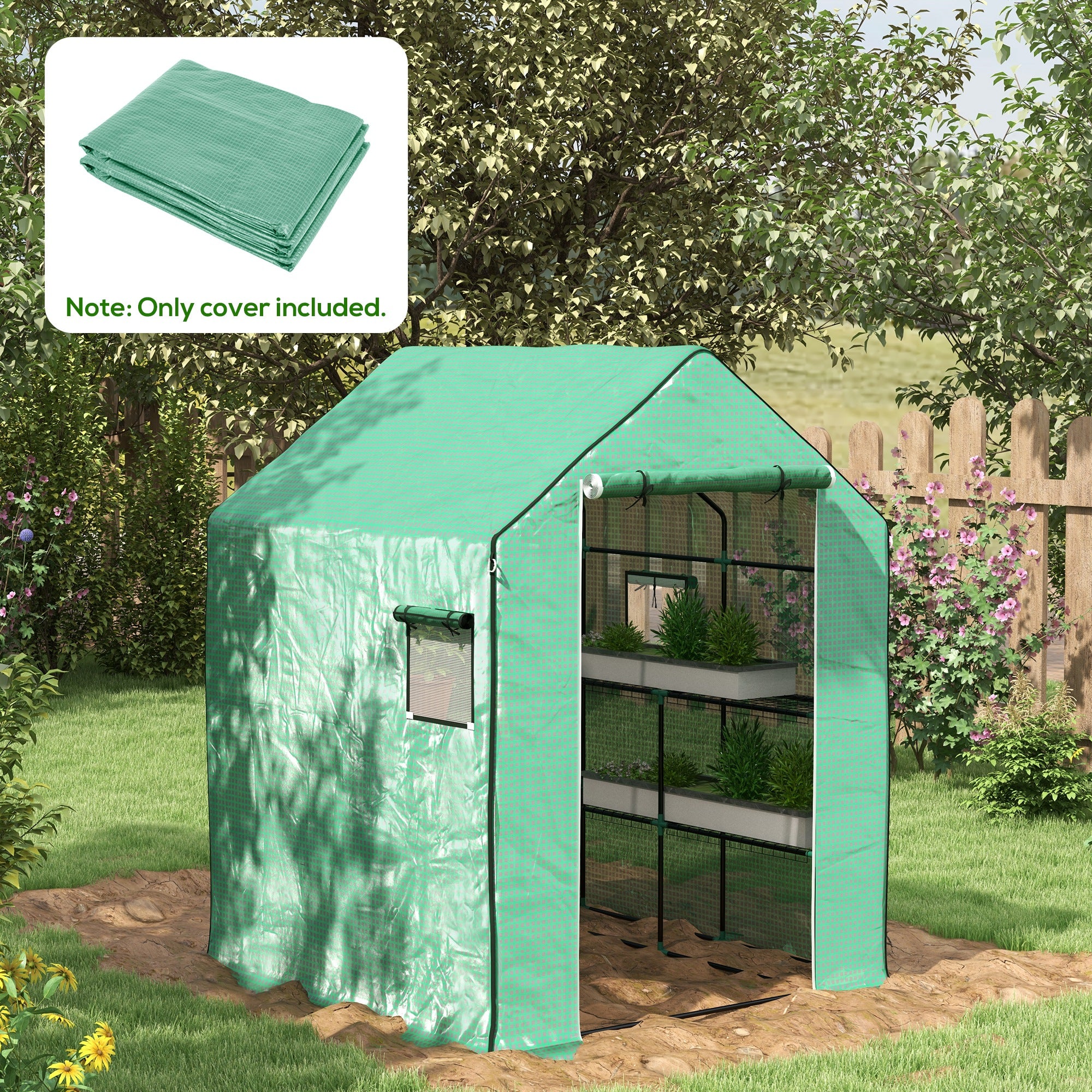 Outsunny Greenhouse Cover Replacement Walk-in PE Hot House Cover with Roll-up Door and Windows, 140 x 143 x 190cm, Green - anydaydirect