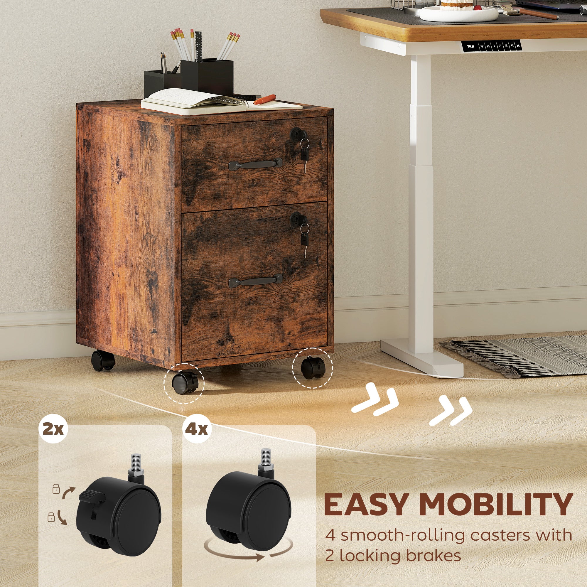 HOMCOM Rolling File Cabinet with 2 Drawers Special, Mobile Filing Cabinet with Hanging File Folder for Letter Sized Documents, Rustic Brown - anydaydirect