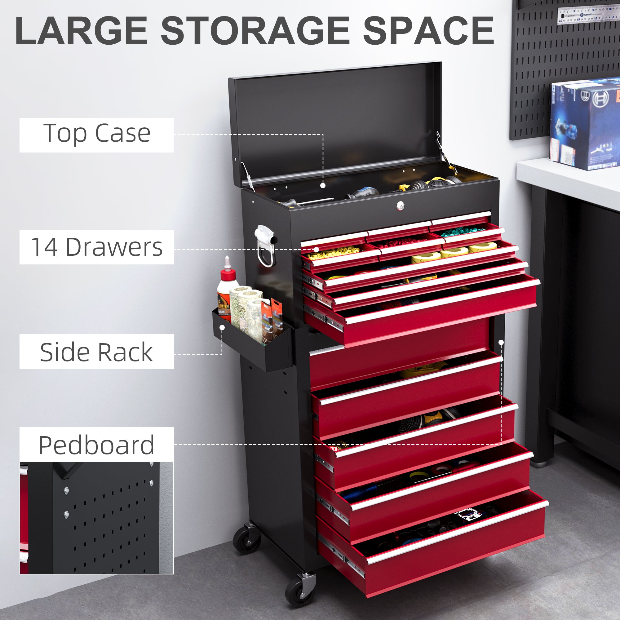 HOMCOM 14 Drawer, Two-Part Tool Storage Chest on Wheels - Red - anydaydirect