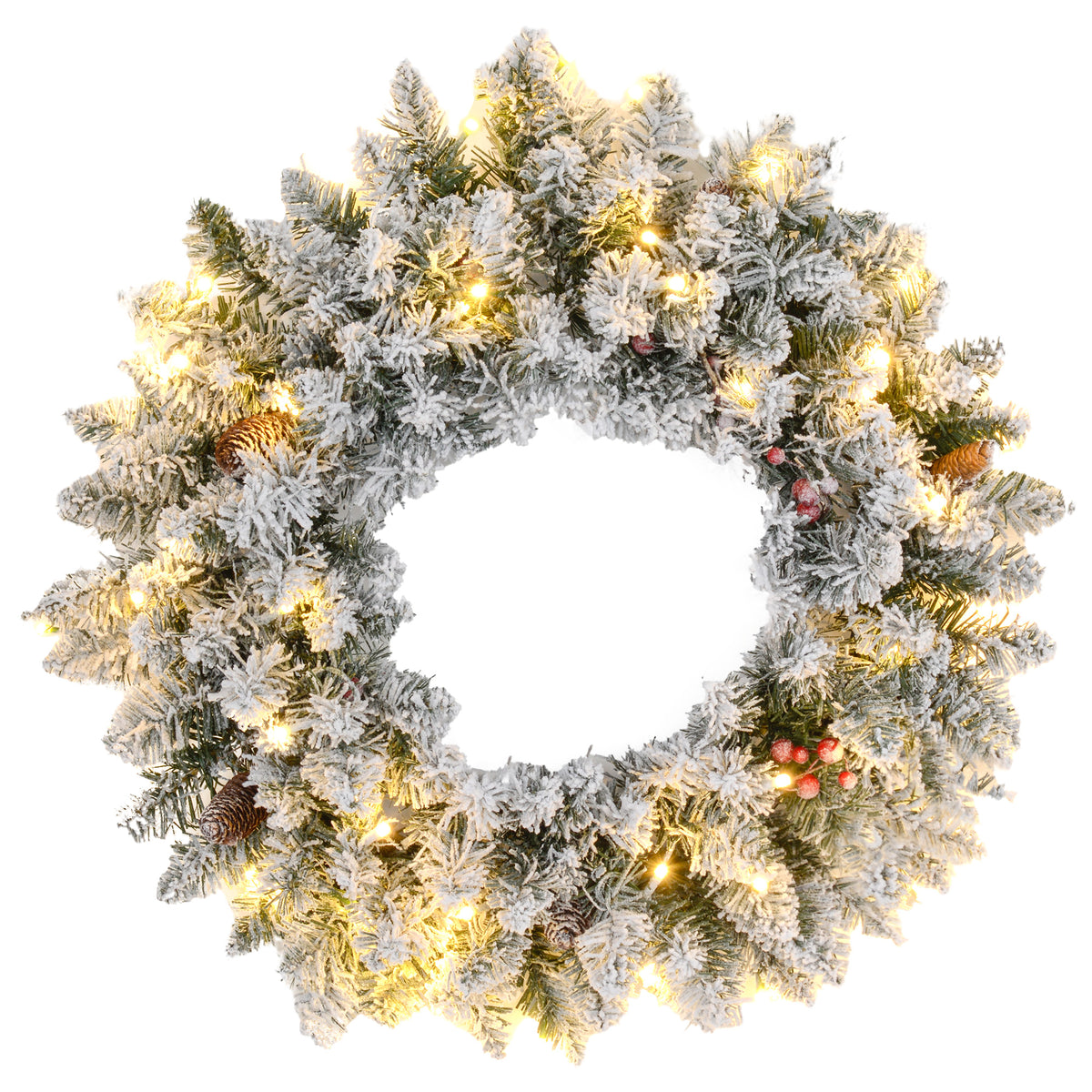HOMCOM 60cm Pre-Lit Christmas Wreath for Front Door with LED Lights, Pine Cones and Red Berries, Flocked Winter Wreath for Windows, Wall Decoration, Green - anydaydirect