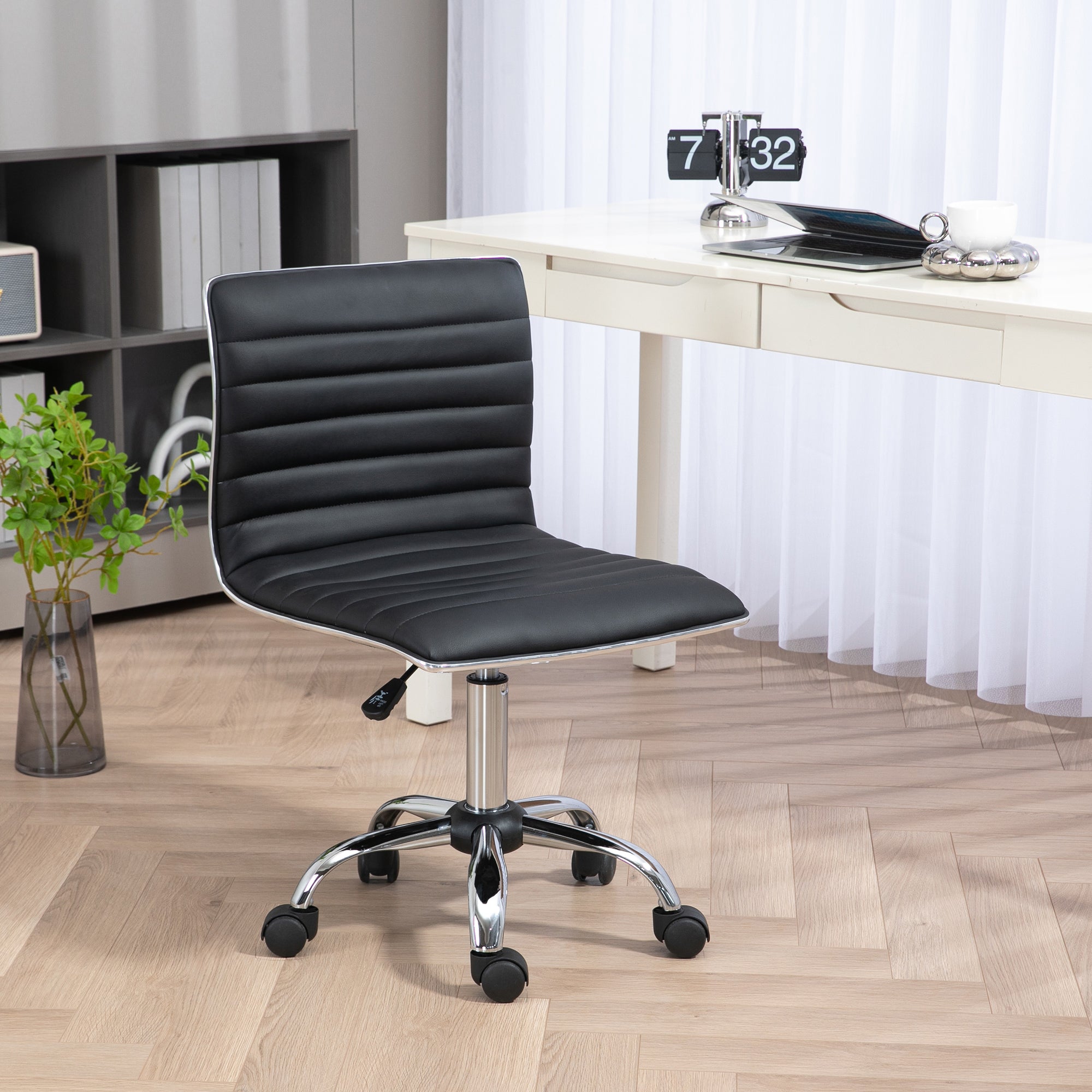 HOMCOM Adjustable Swivel Office Chair with Armless Mid-Back in PU Leather and Chrome Base - Black - anydaydirect