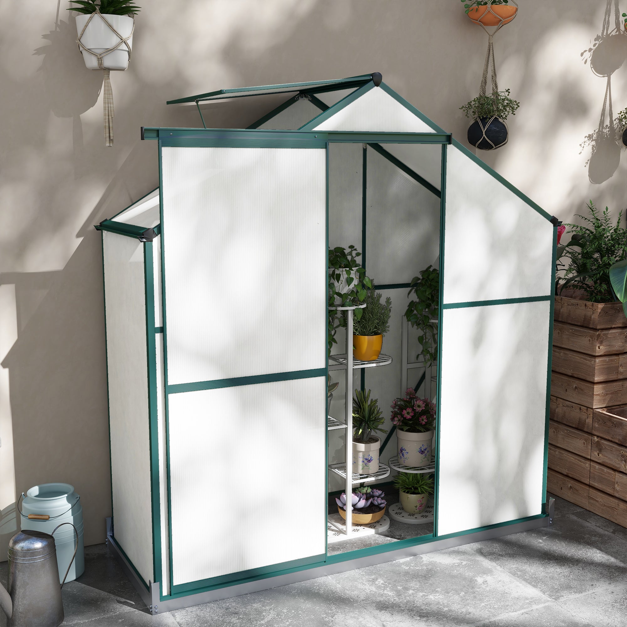 Outsunny 6 x 2.5ft Polycarbonate Greenhouse Walk-In Green House with Rain Gutter, Sliding Door, Window, Foundation, Green - anydaydirect