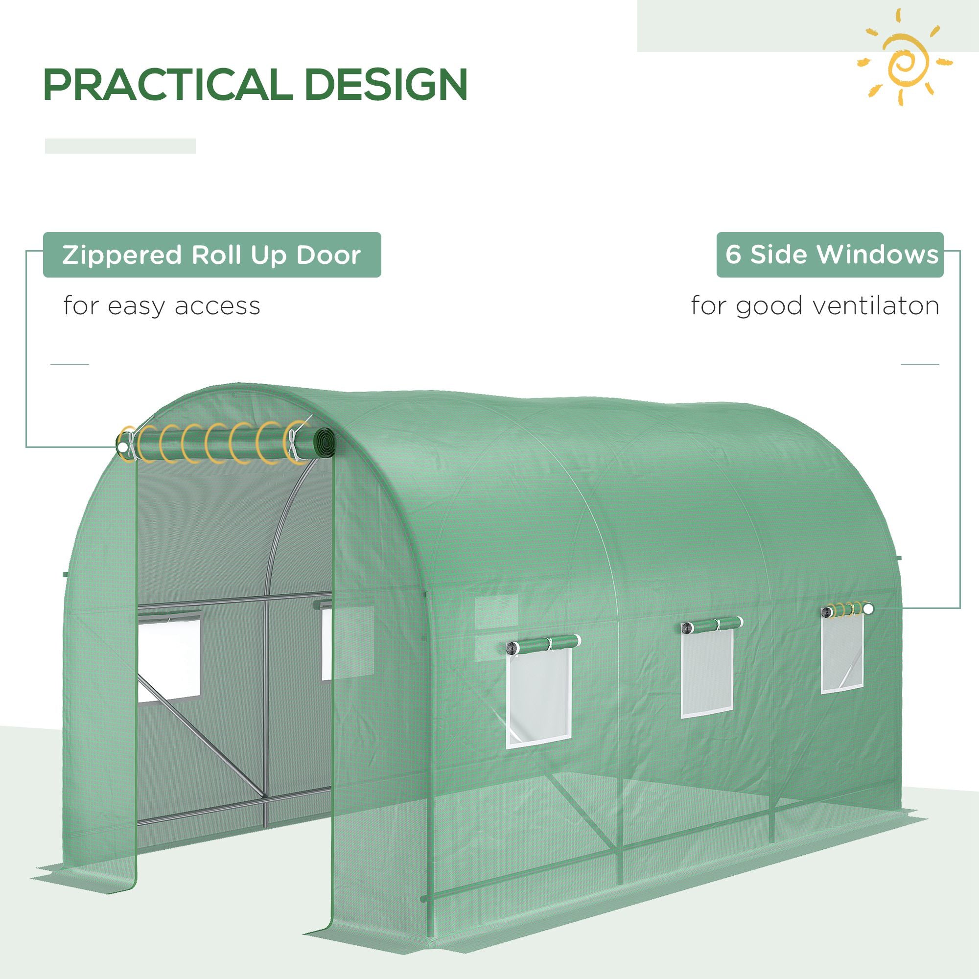 Outsunny 3.5 x 2m Walk-In Polytunnel Greenhouse, with Steel Frame, PE Cover, Roll-Up Door and 6 Windows, Green - anydaydirect