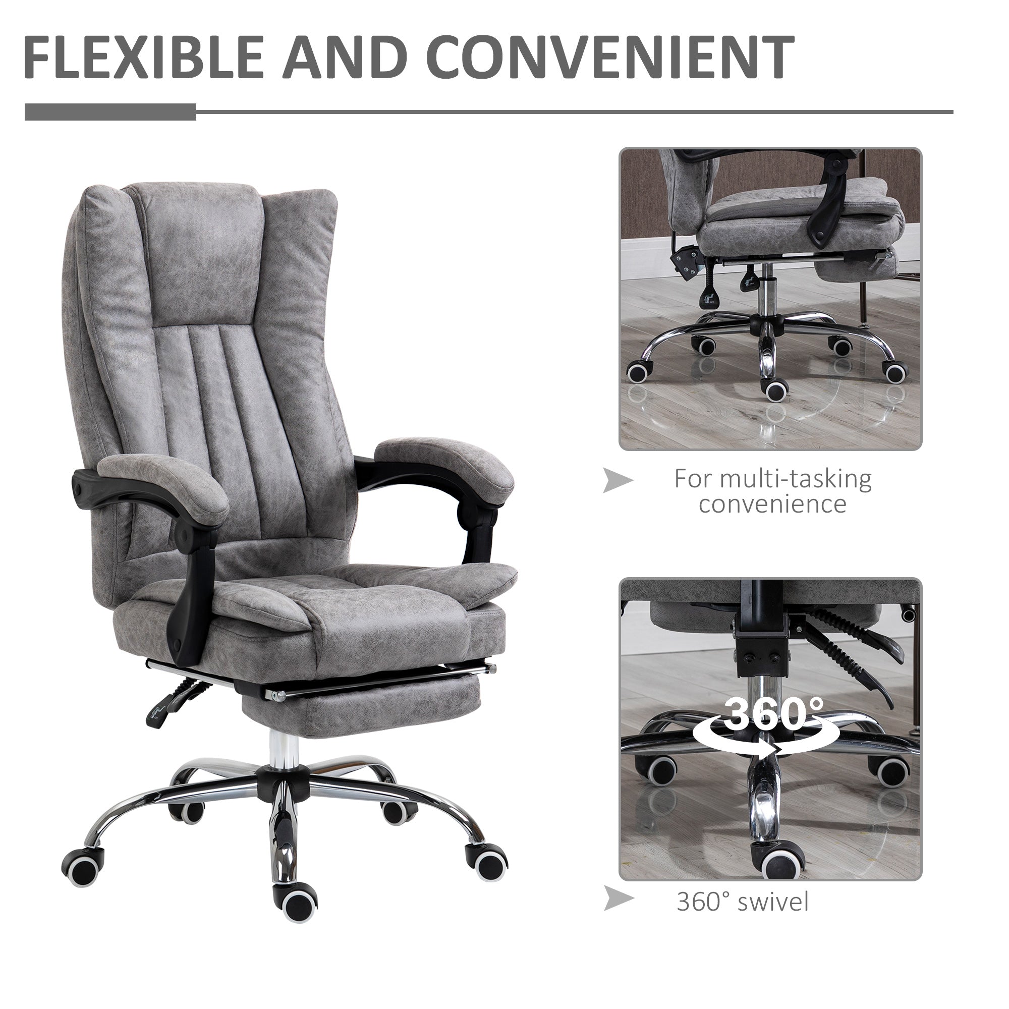Vinsetto Home Office Chair Microfibre Desk Chair with Reclining Function Armrests Swivel Wheels Footrest Grey - anydaydirect