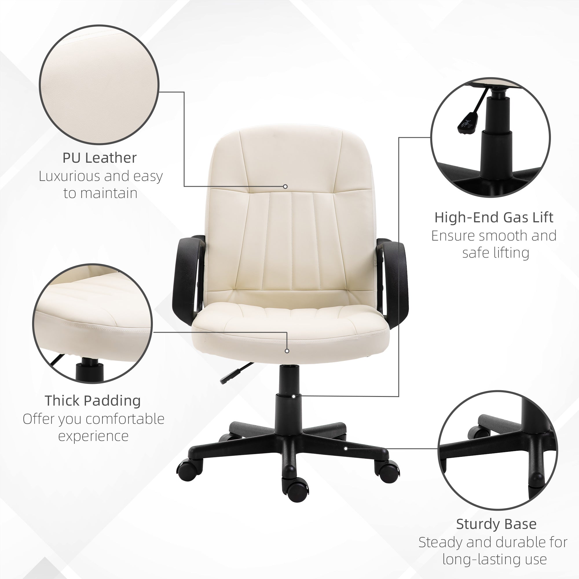HOMCOM Swivel Executive Office Chair Home Mid Back PU Leather Computer Desk Chair for Adults with Arm, Wheels, Cream - anydaydirect
