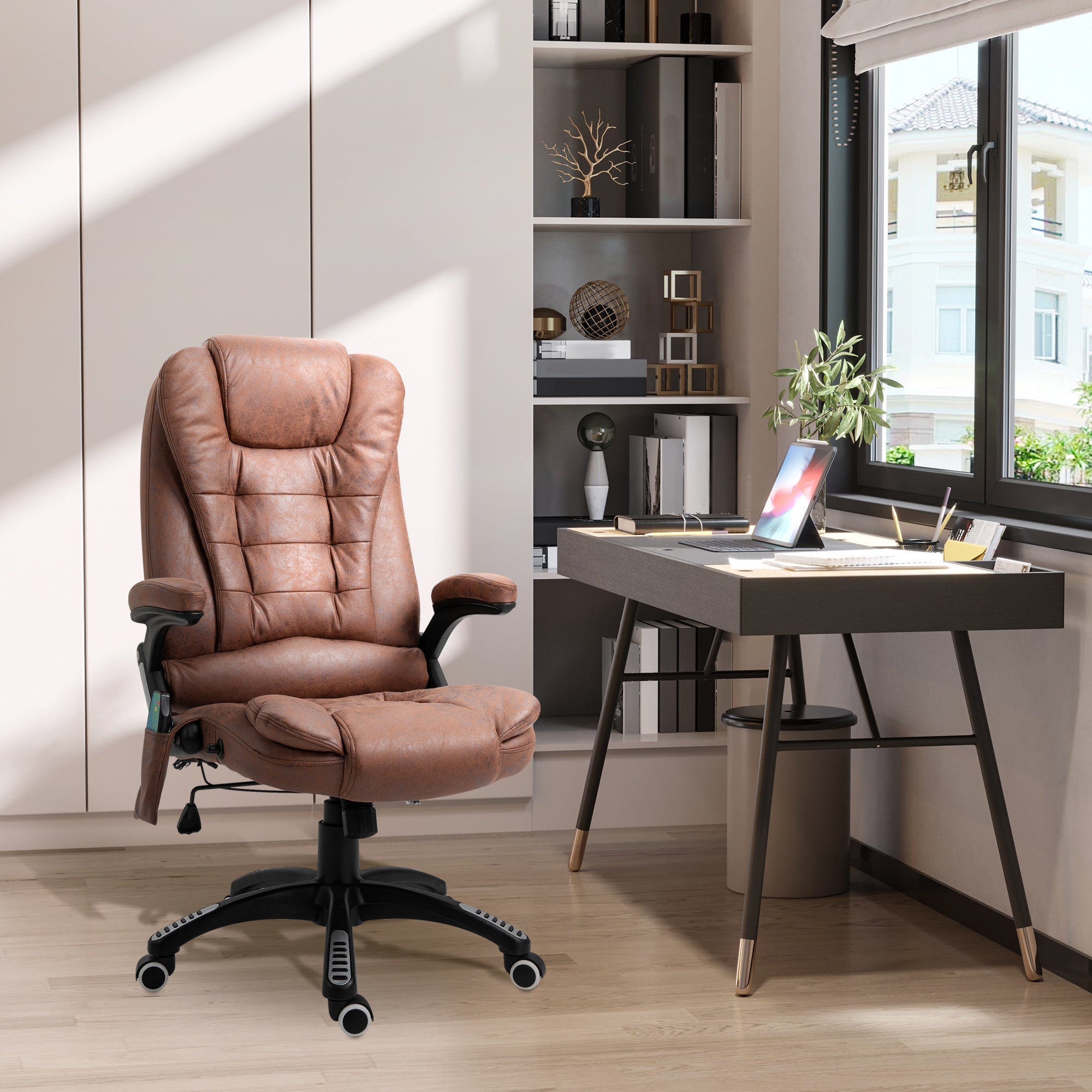 Vinsetto Massage Recliner Chair Heated Office Chair with Six Massage Points Microfiber Cloth 360° Swivel Wheels Brown - anydaydirect