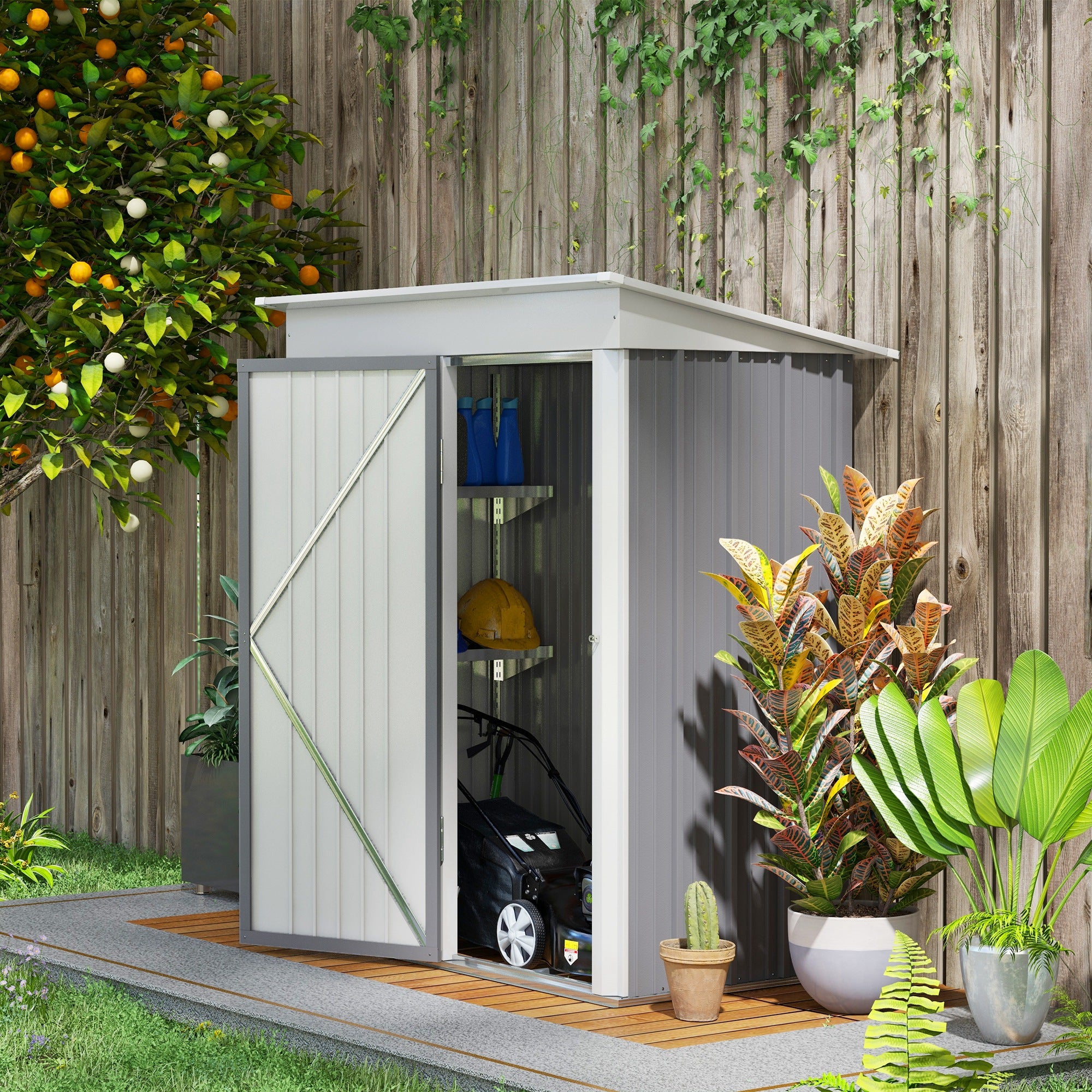 Outsunny Metal Garden Shed, Outdoor Lean-to Shed for Tool Motor Bike, with Adjustable Shelf, Lock, Gloves, 5'x3'x6', Grey - anydaydirect