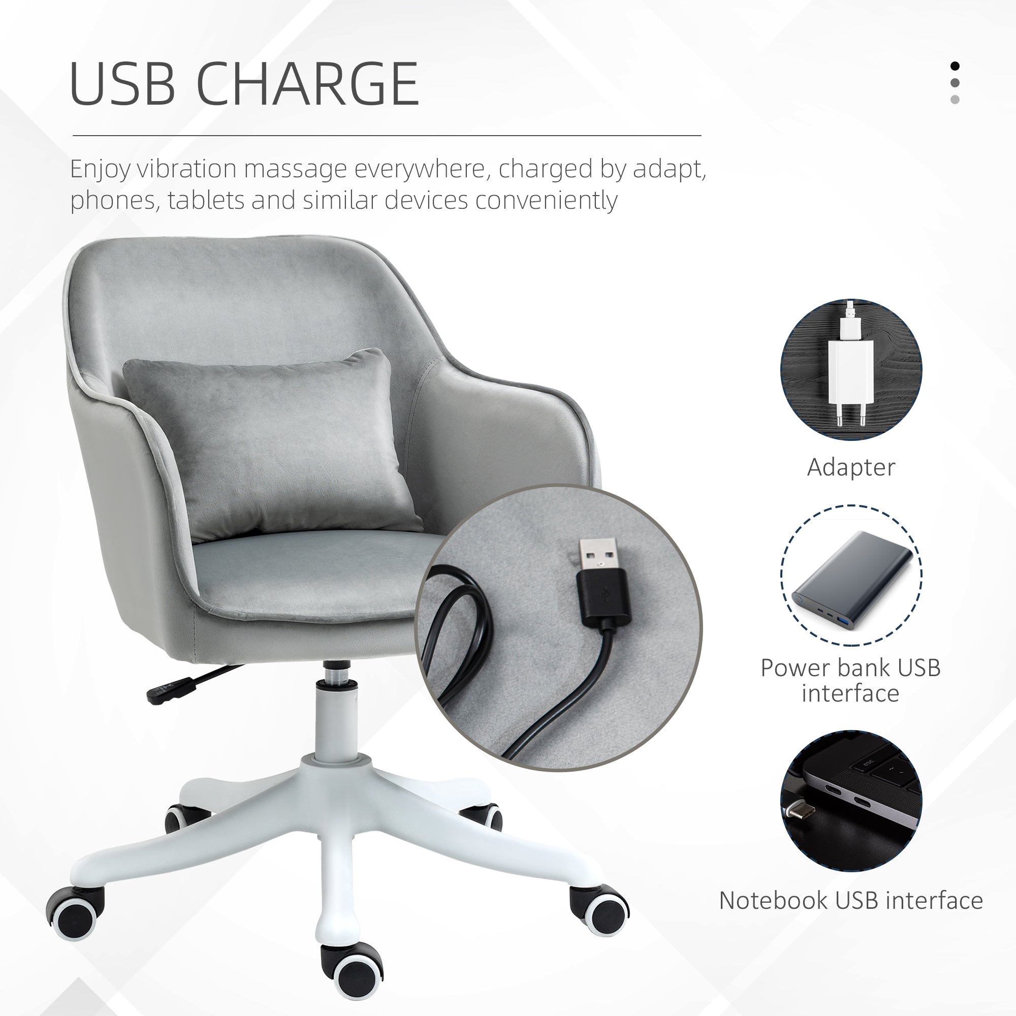 Vinsetto Velvet Office Chair, Desk Chair, Makeup Vanity Chair with Massage Lumbar Pillow and Rolling Wheels for Bedroom and Home, Grey - anydaydirect