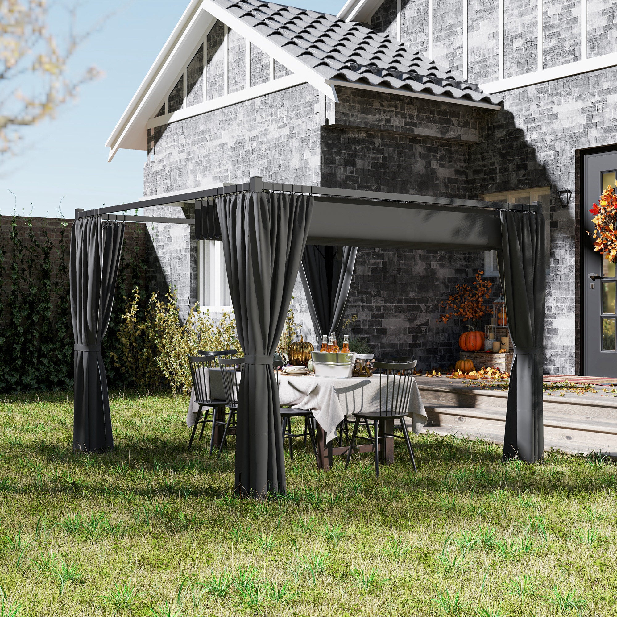 Outsunny 3 x 3(m) Retractable Pergola, Garden Gazebo Shelter with Curtains, for Grill, Patio, Deck, Charcoal Grey - anydaydirect