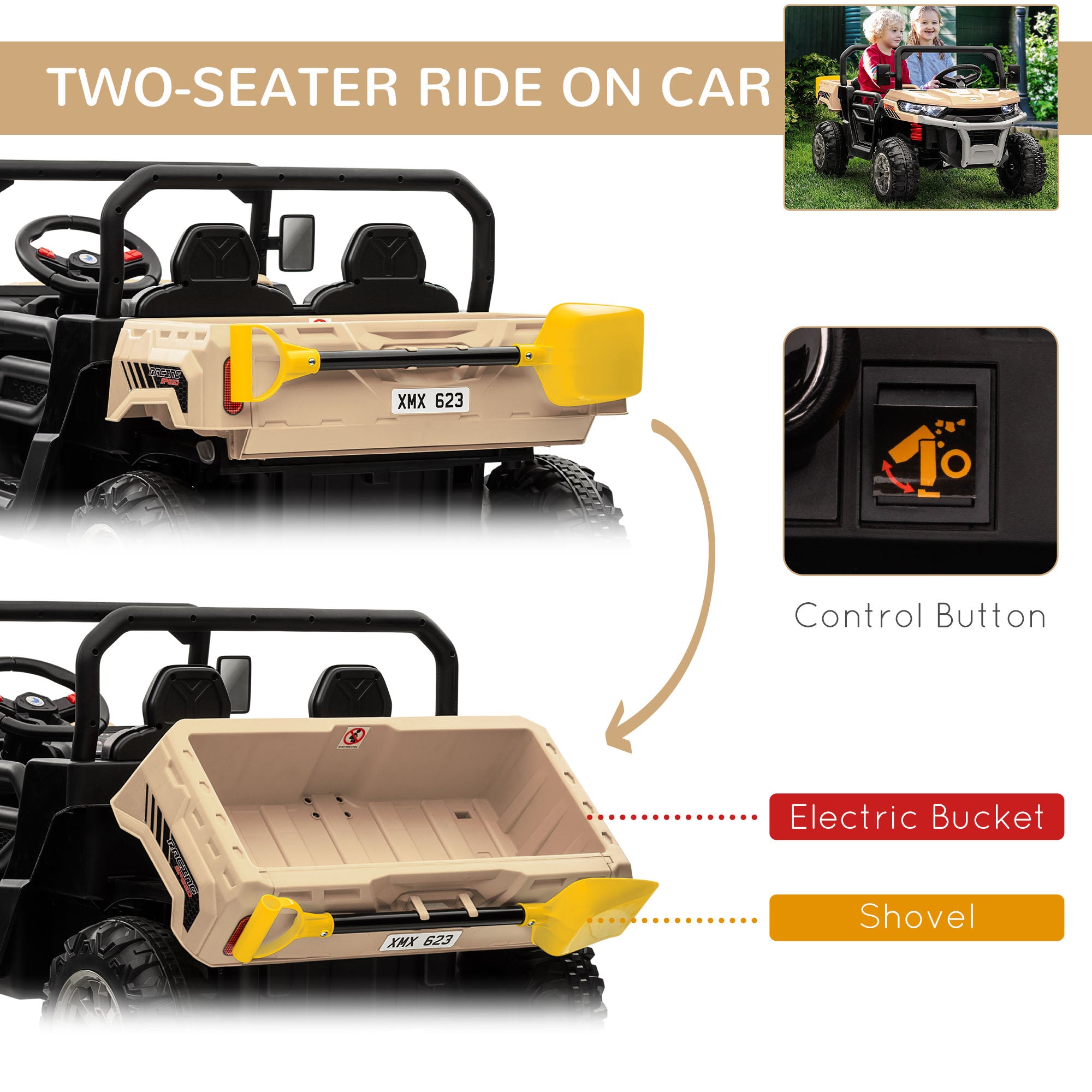 HOMCOM 12V Two-Seater Kids Electric Ride-On Car, with Electric Bucket, Remote Control - Yellow - anydaydirect