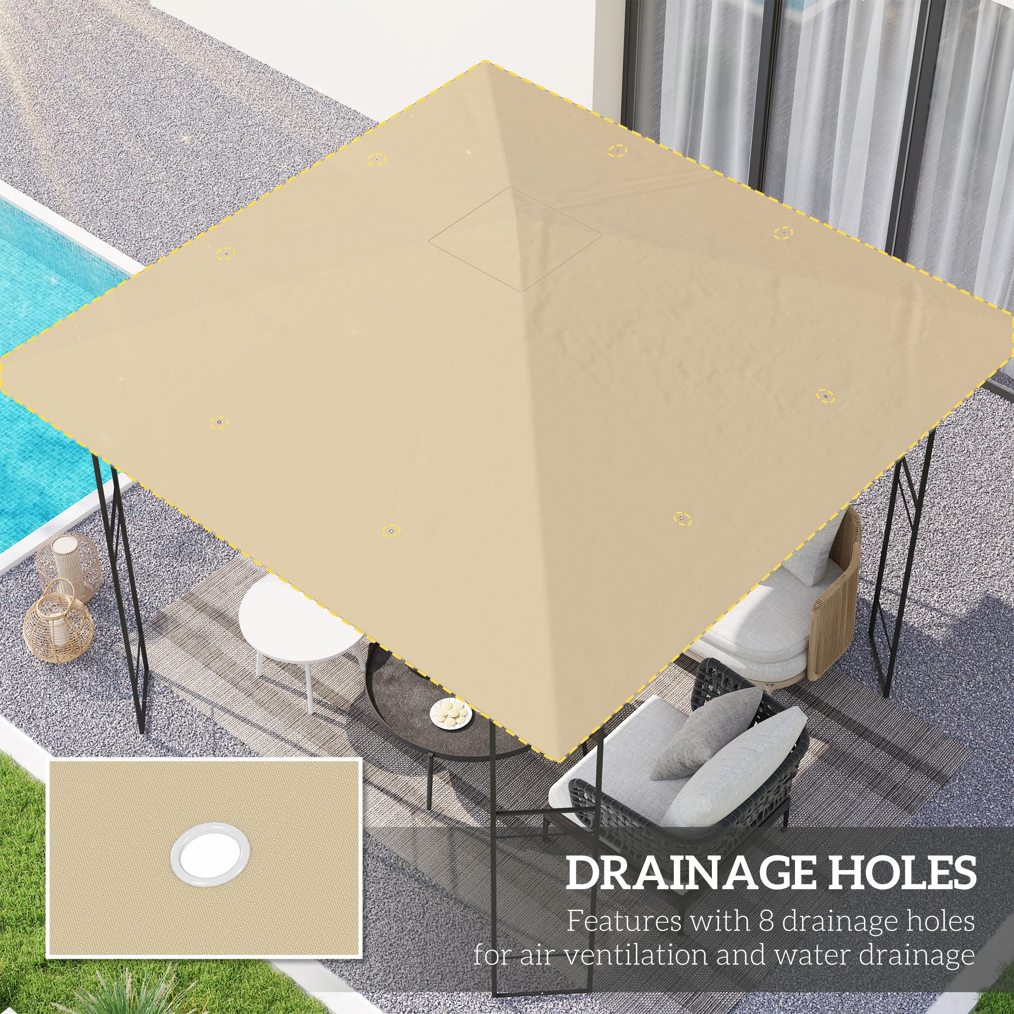 Outsunny 3 x 3(m) Gazebo Canopy Replacement Cover, Garden Gazebo Roof Replacement with Drain Holes, Water Resistant PVC Coating, 370g/?, UPF30+, TOP COVER ONLY, Beige - anydaydirect
