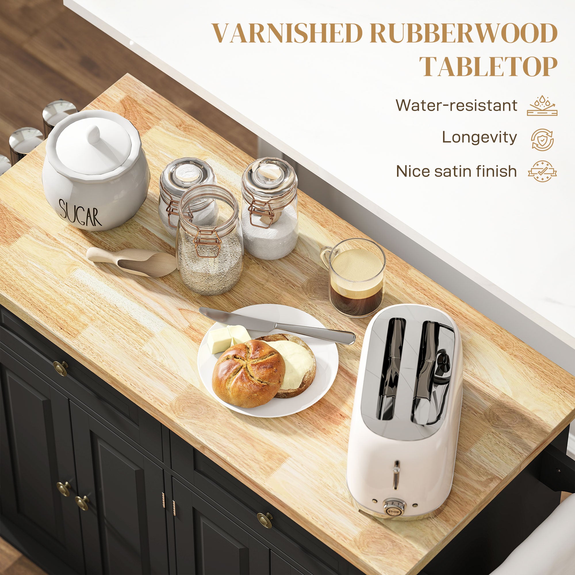 HOMCOM Rolling Kitchen Island Storage Trolley with Rubber Wood Top & Drawers for Dining Room, Black - anydaydirect