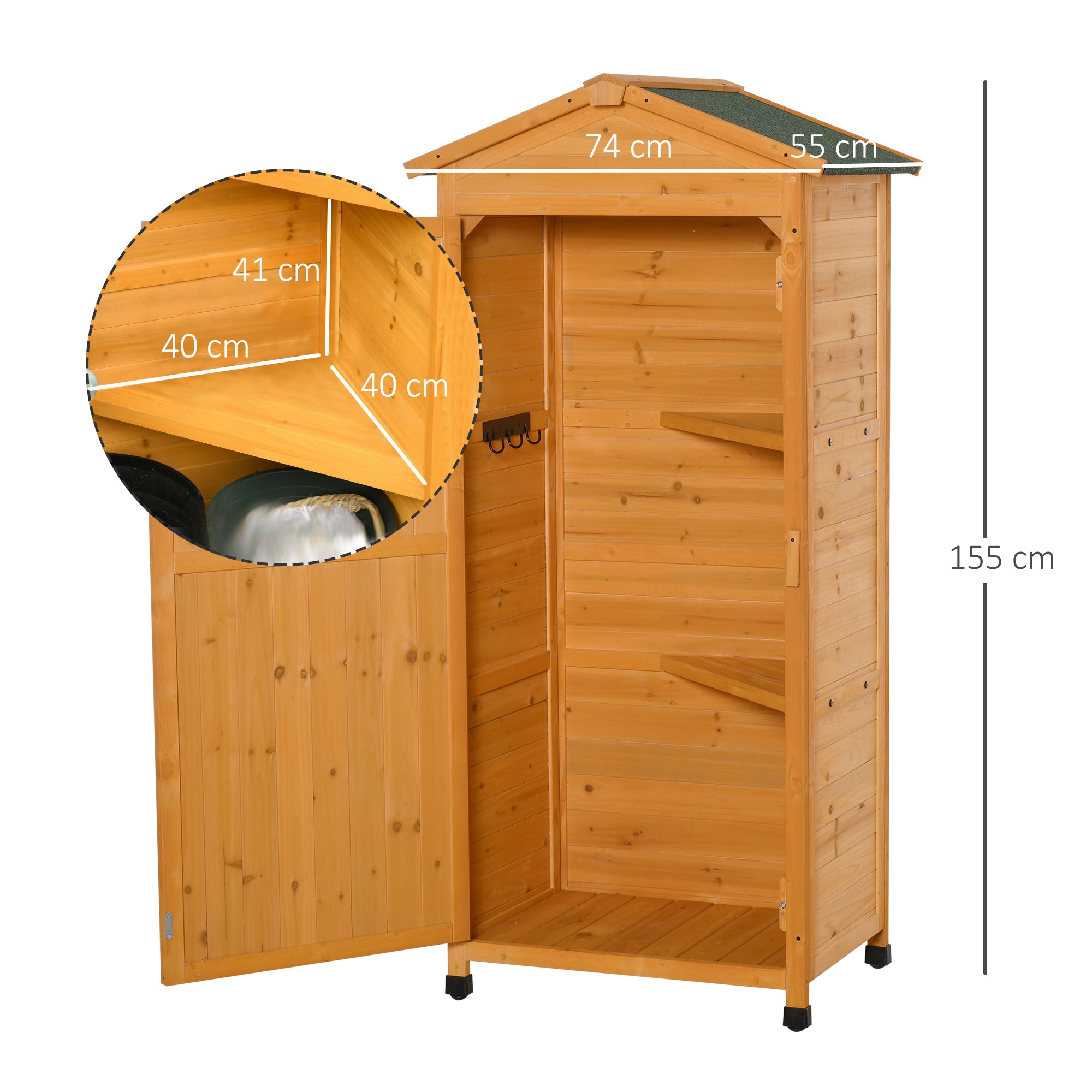 Outsunny Wooden Garden Cabinet 3-Tier Storage Shed 2 Shelves Lockable Organizer with Hooks Foot Pad 74 x 55 x 155cm Dark Yellow - anydaydirect