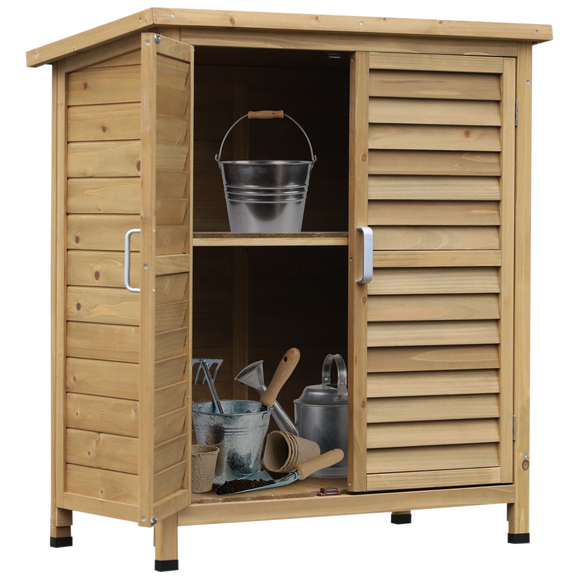 Outsunny Garden Shed Wooden Garden Storage Shed 2 Door Unit Solid Fir Wood Garage Tool Organisation Cabinet, 87L x 46.5W x 96.5Hcm, Grey - anydaydirect