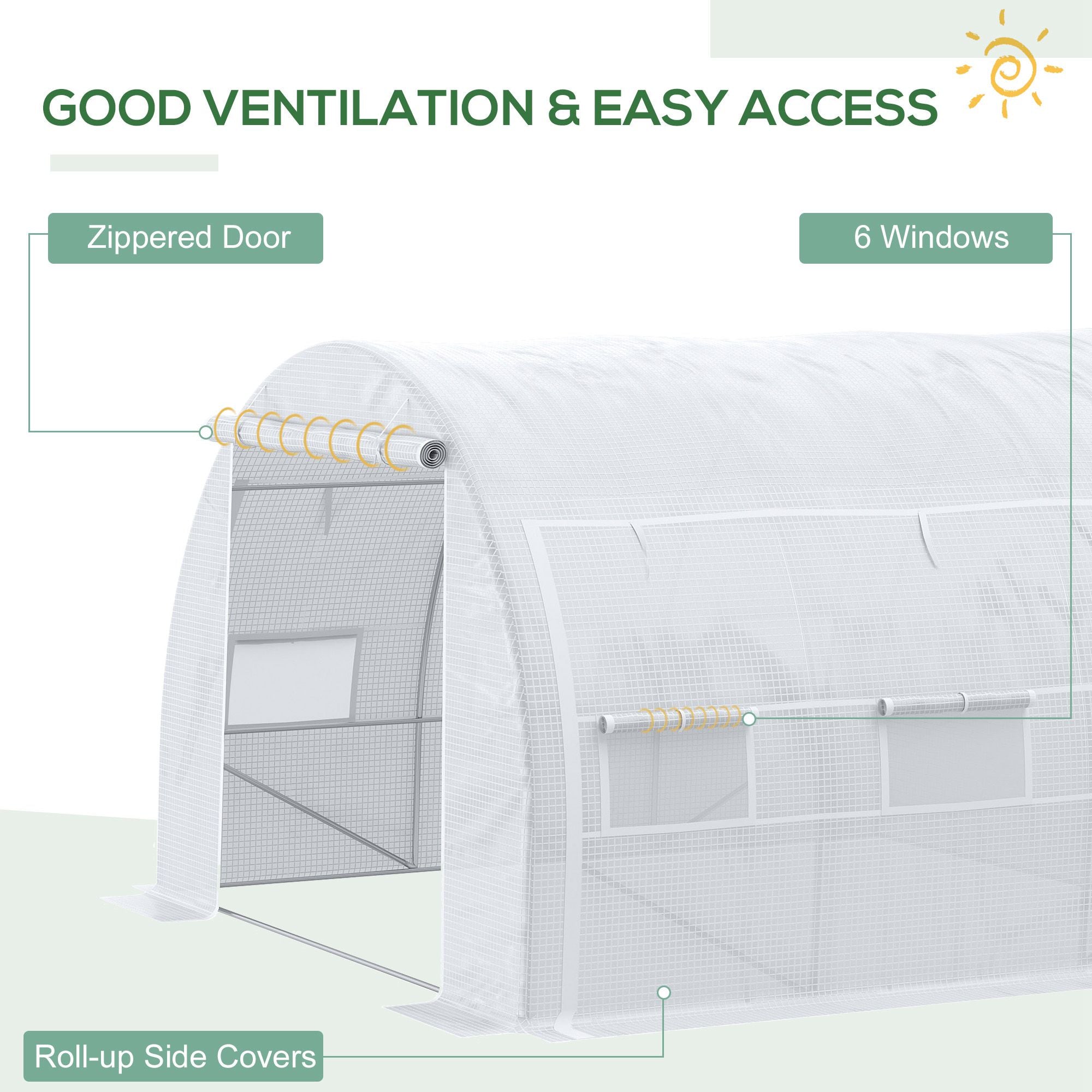 Outsunny 3 x 3 x 2 m Polytunnel Greenhouse with Roll-up Side Walls, Walk-in Grow House Tent with Steel Frame, Reinforced Cover, Zipped Door and 6 Mesh Windows for Garden, White - anydaydirect