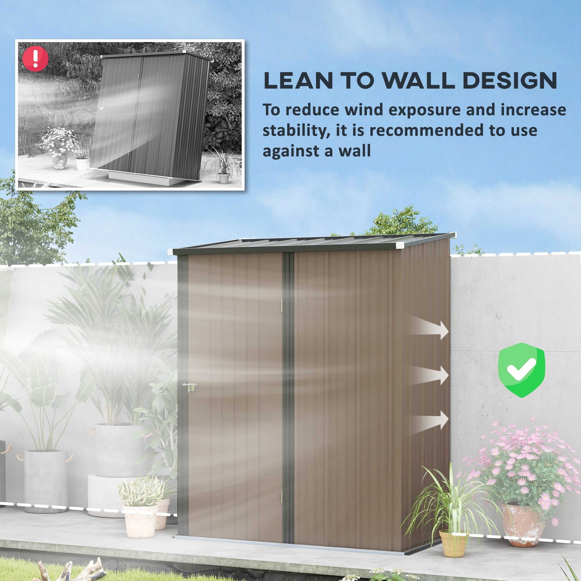 Outsunny 5 x 3 ft Metal Garden Storage Shed Patio Corrugated Steel Roofed Tool Shed with Single Lockable Door, Brown - anydaydirect