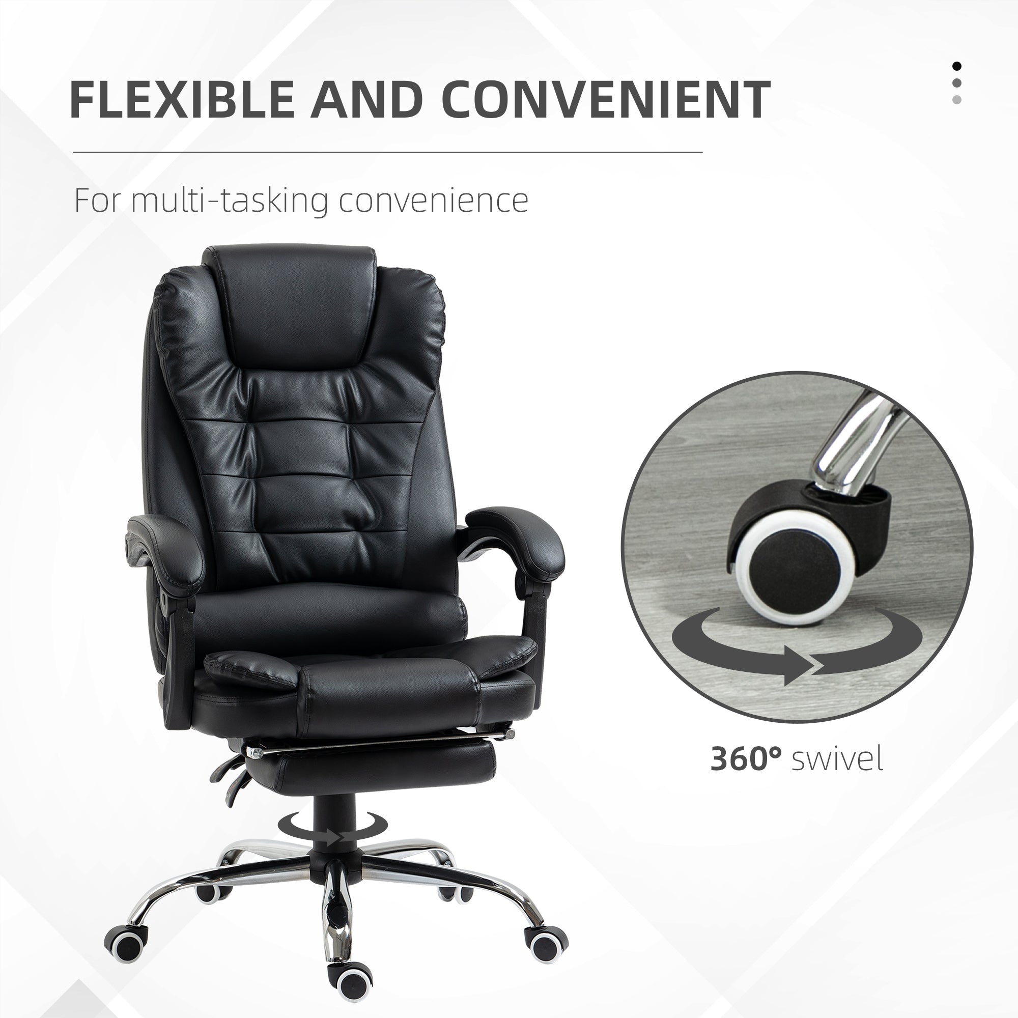 HOMCOM Executive Office Chair, PU Leather Home Office Chair with Swivel Wheels, Reclining Backrest, Retractable Footrest, Black - anydaydirect