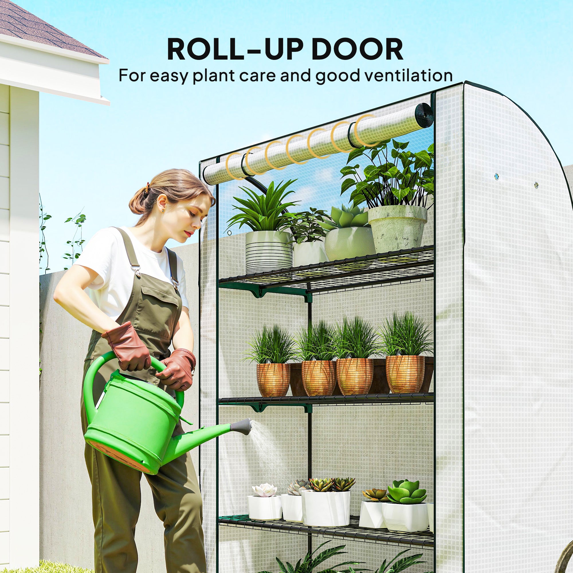 Outsunny Mini Greenhouse with Reinforced PE Cover, Portable Indoor Outdoor Green House with Roll-up Door, 170 x 120 x 50cm, White - anydaydirect