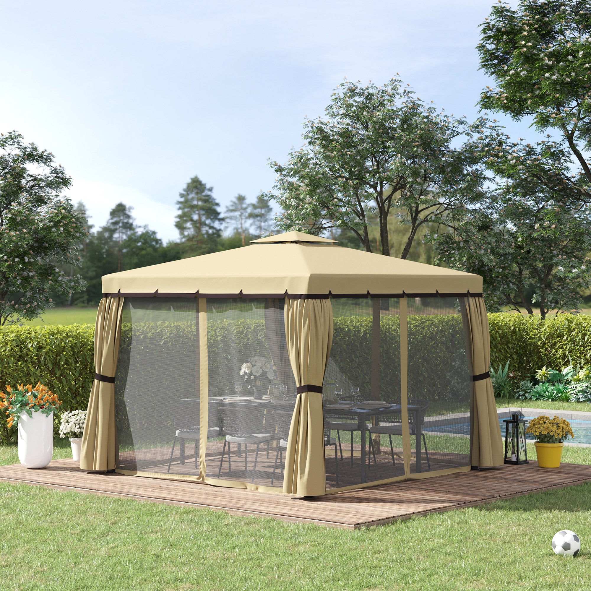 Outsunny 3 x 3(m) Patio Gazebo Canopy Garden Pavilion Tent Shelter with 2 Tier Water Repellent Roof, Mosquito Netting and Curtains, Aluminium Frame, Beige - anydaydirect