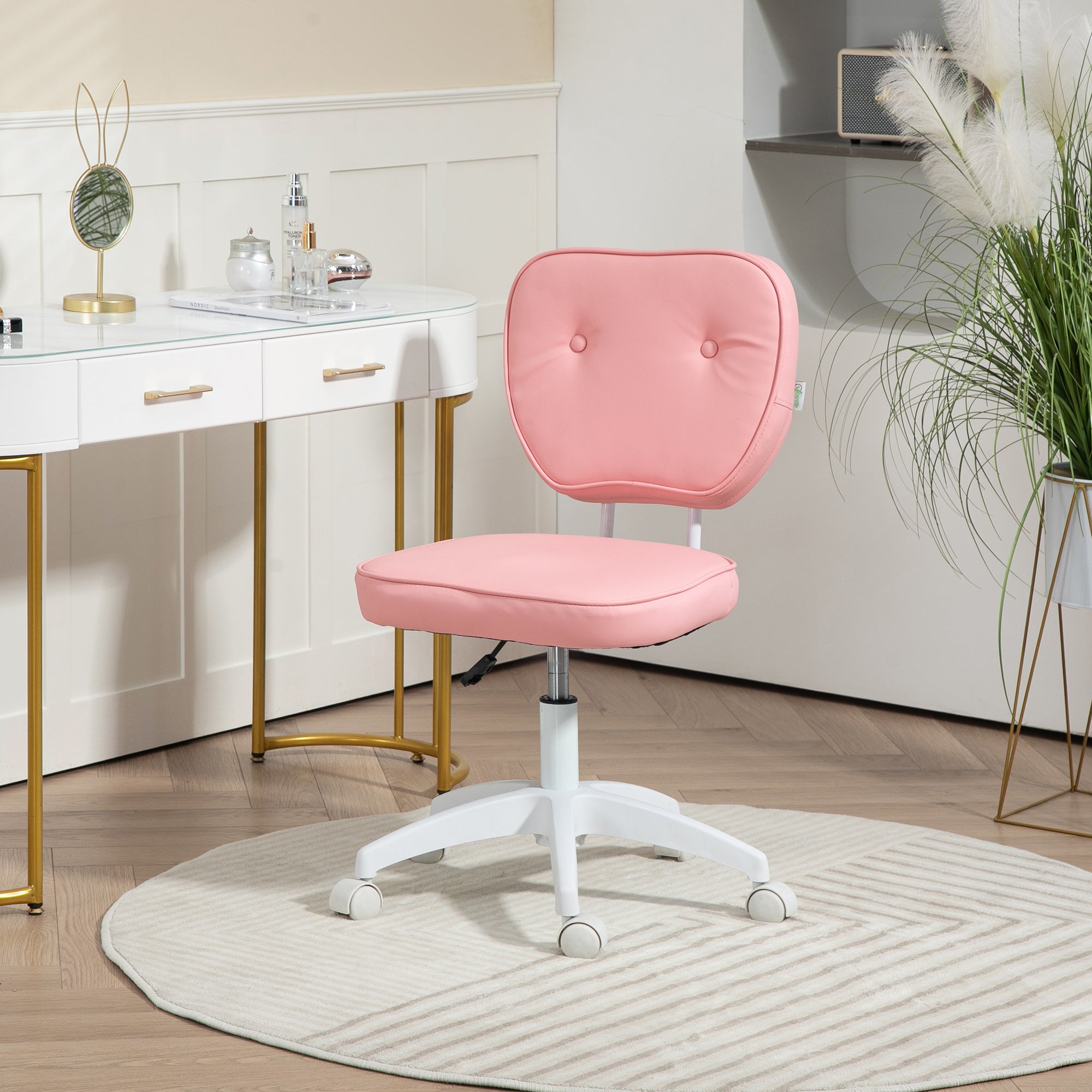 Vinsetto Vanity Office Chair, PU Leather Computer Chair for Home, with Adjustable Height, Armless, Swivel Wheels, Pink - anydaydirect