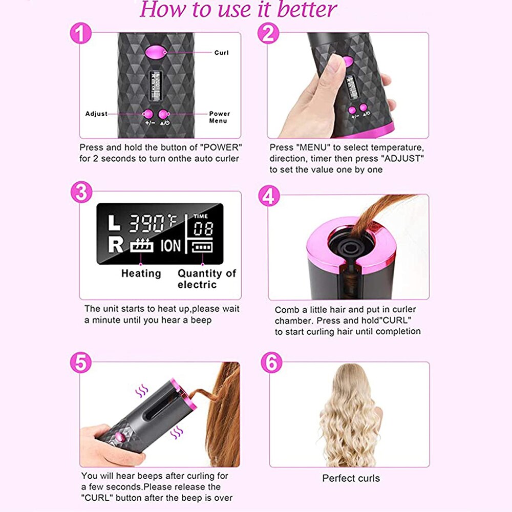 Anydaydirect Hair Curlers Cordless Automatic Hair Curler Iron USB Rechargeable LCD Display Wireless Ceramic Rotating Curling Iron Hair Tools - anydaydirect