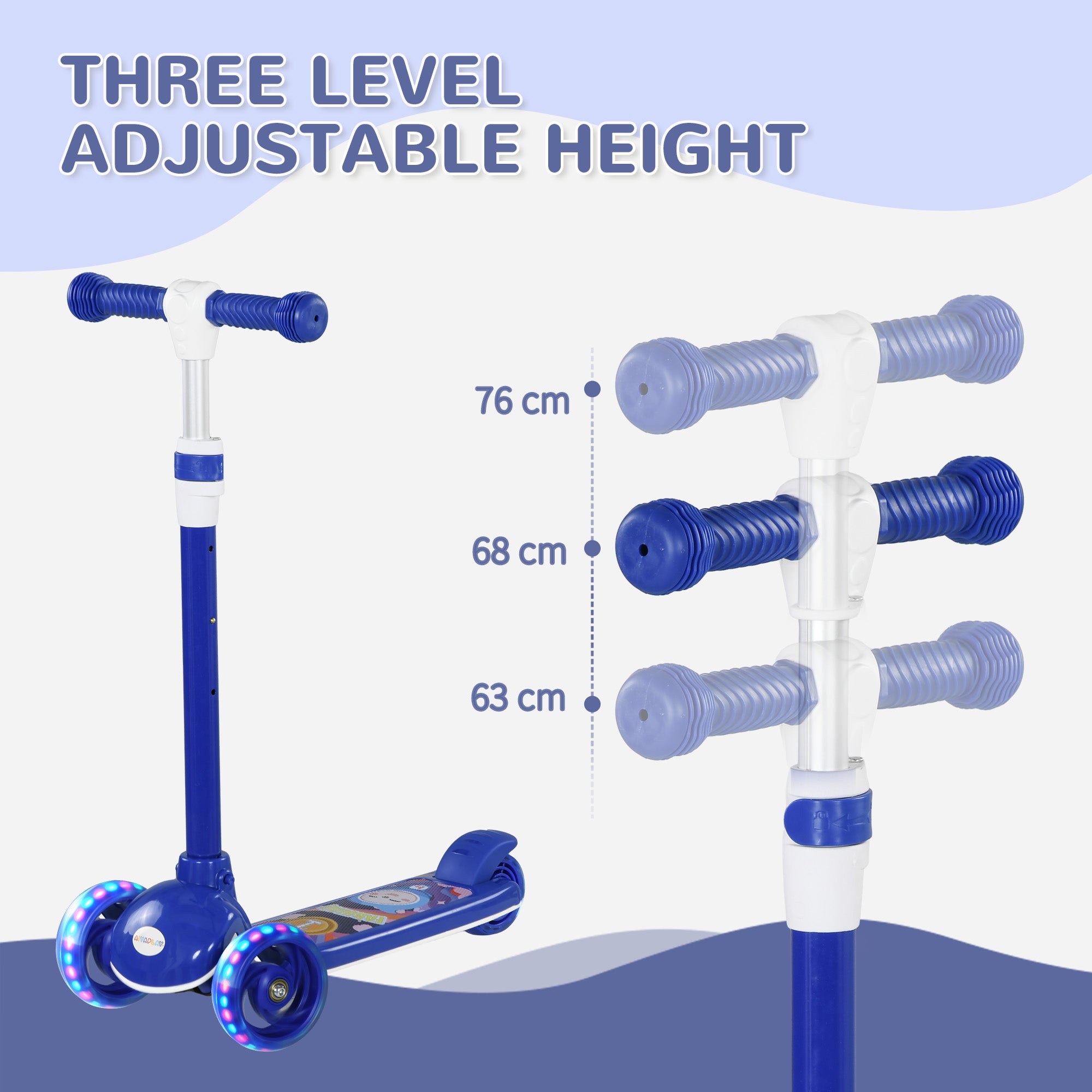 AIYAPLAY Kids 3 Wheel Scooter for 2-6 Years Old w/ Adjustable Height, LED Light, TPE Handlebar, Blue - anydaydirect