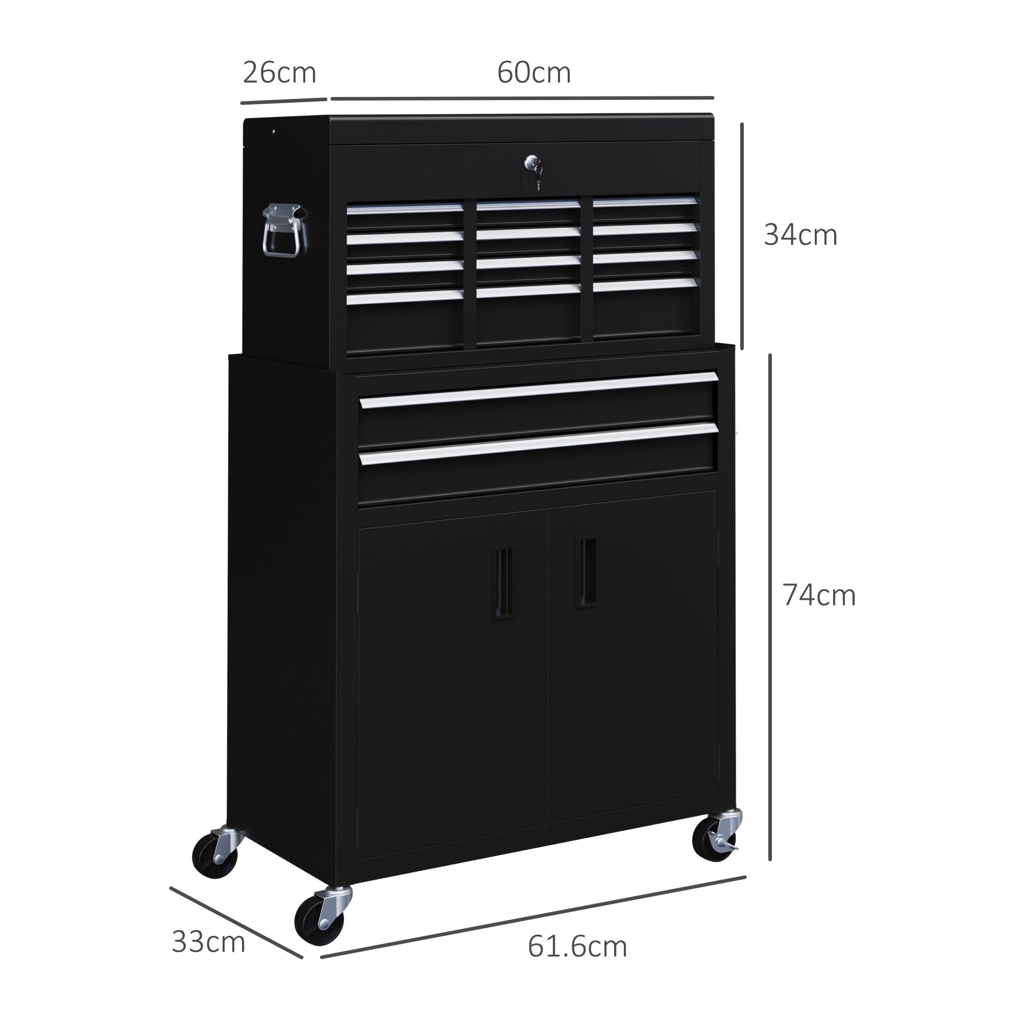 HOMCOM Portable Tool Box, Metal Tool Chest on Wheels with 6 Drawers for Garage and Workshop, Black - anydaydirect