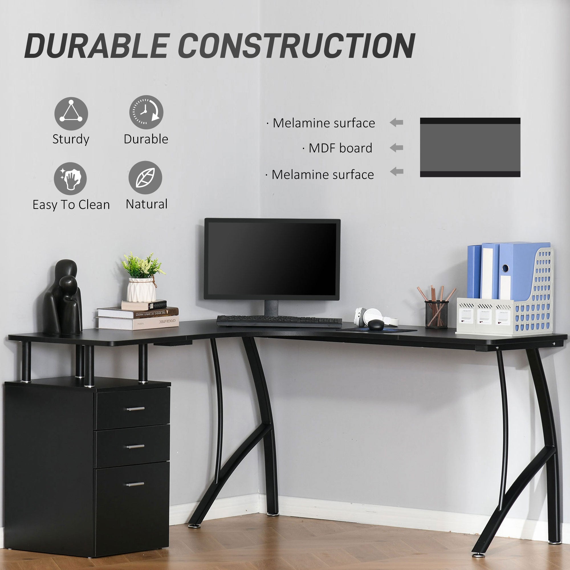 HOMCOM L-Shaped Computer Desk Table with Storage Drawer, Home Office Desk Corner Industrial Style Workstation for A4 Files 143.5 x 143.5 x 76cm, Black - anydaydirect