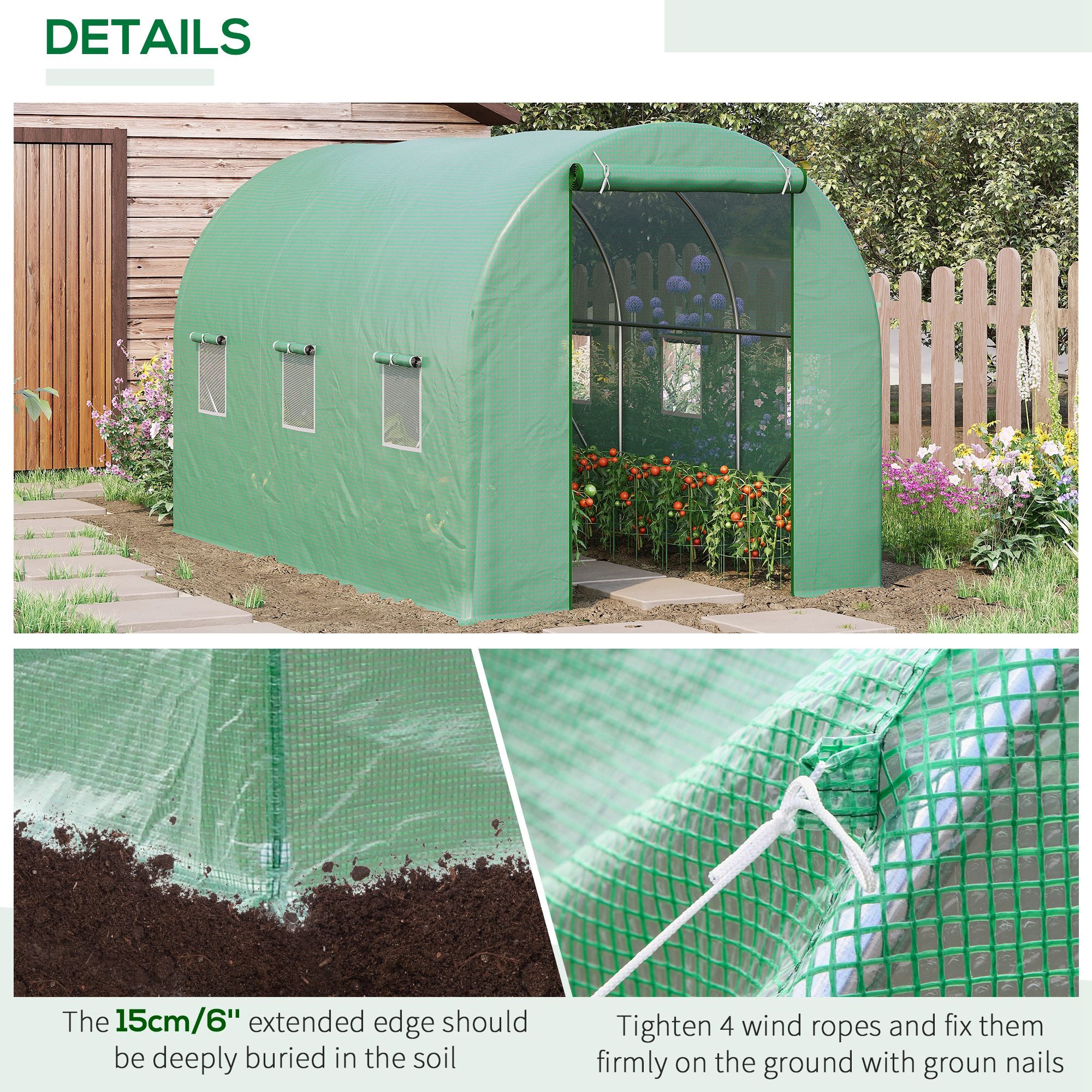 Outsunny 3.5 x 2m Walk-In Polytunnel Greenhouse, with Steel Frame, PE Cover, Roll-Up Door and 6 Windows, Green - anydaydirect