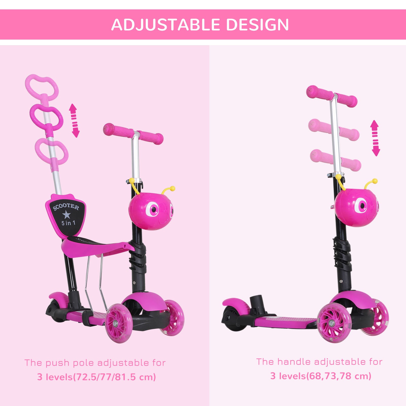 HOMCOM 5-in-1 Kids Toddler 3 Wheels Mini Kick Scooter Push Walker with Removable Seat & Back Rest for Girls and Boys Pink - anydaydirect