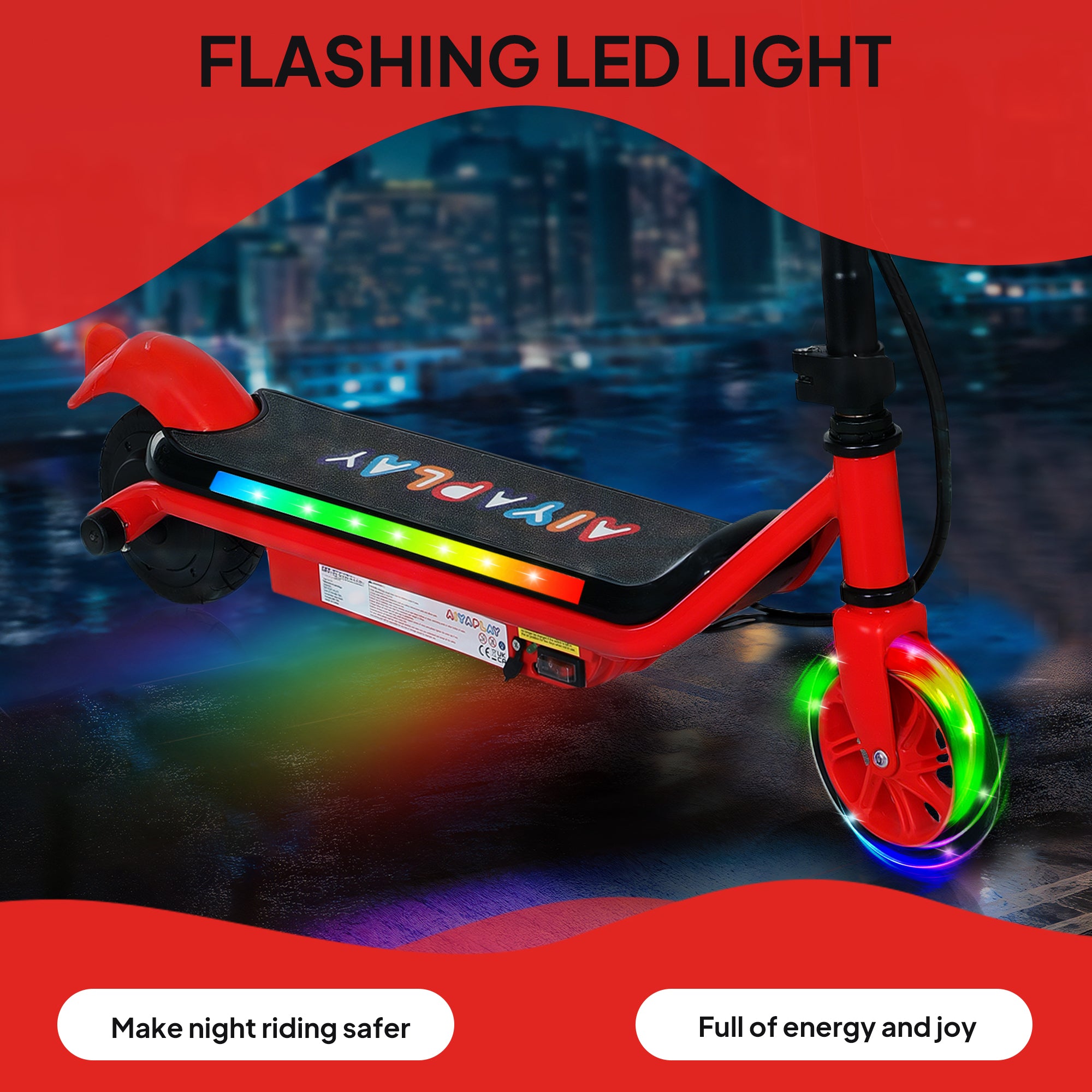 AIYAPLAY Electric Scooter for Kids Ages 6-14, with Dual Brakes, Flash Wheel and Colourful Light, Kids Electric Scooter E Scooter, Up to 12 KM/H & 10 KM, Red - anydaydirect