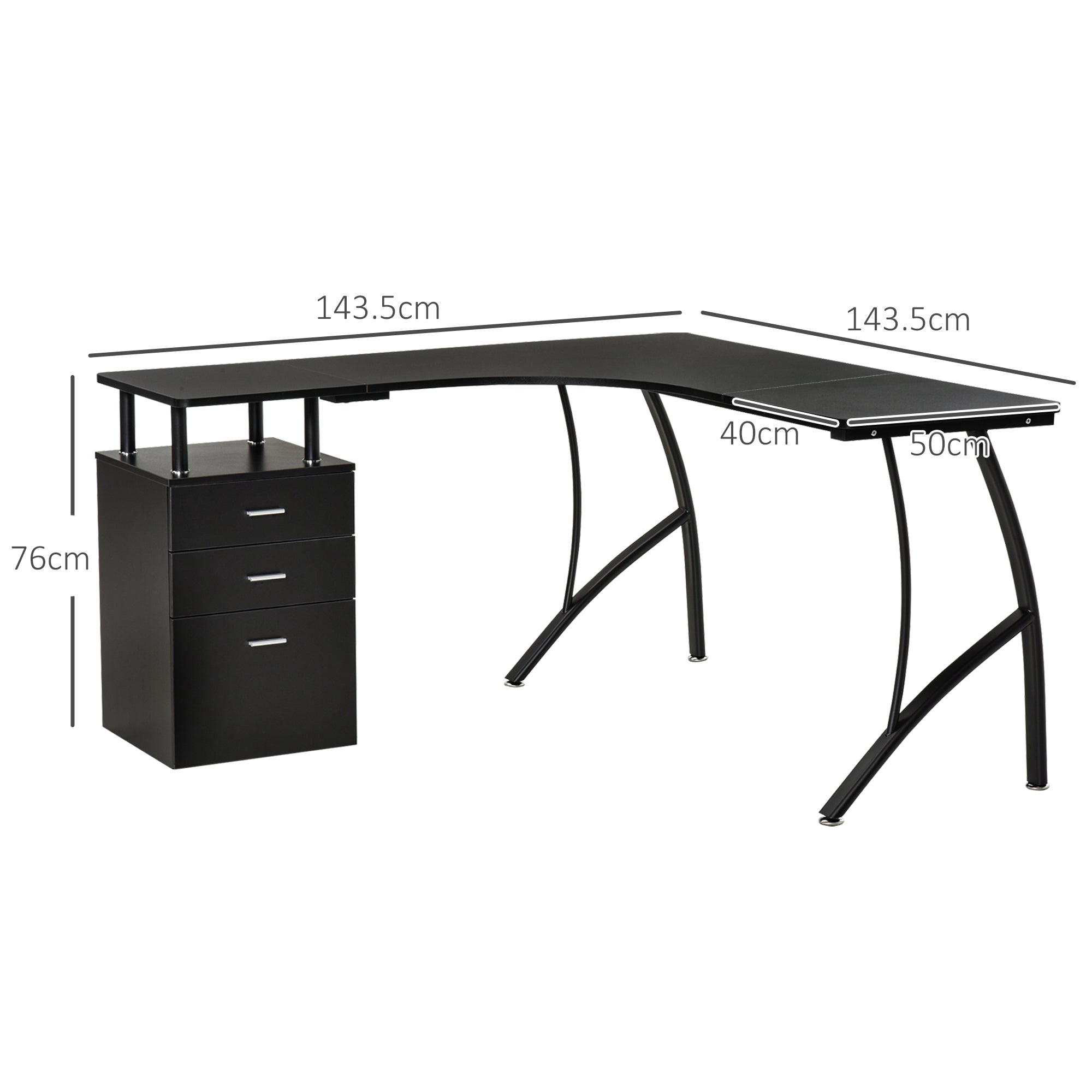 HOMCOM L-Shaped Computer Desk Table with Storage Drawer, Home Office Desk Corner Industrial Style Workstation for A4 Files 143.5 x 143.5 x 76cm, Black - anydaydirect