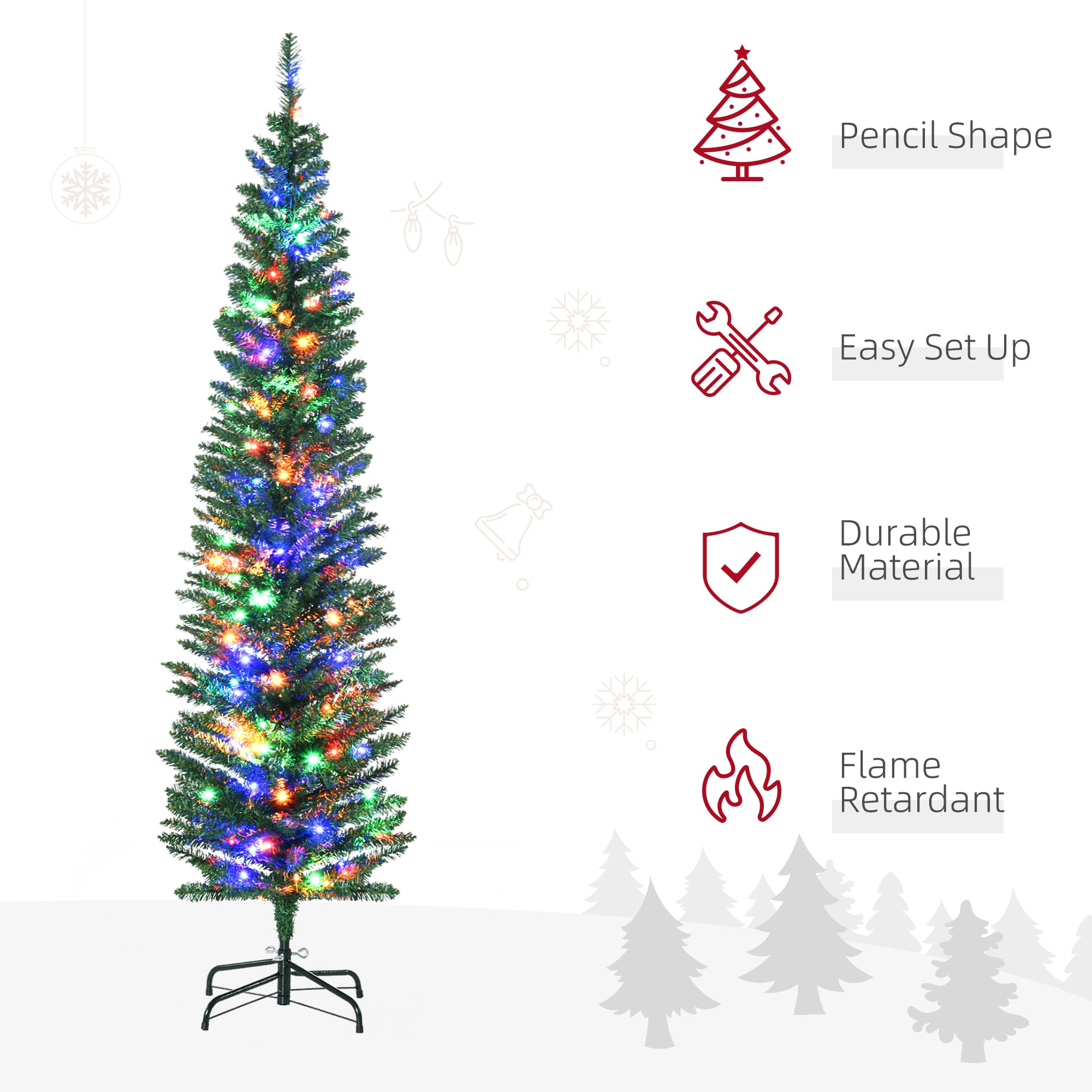 HOMCOM 6' Artificial Prelit Christmas Trees Holiday Décor with Colourful LED Lights, Pencil Shape, Steel Base - anydaydirect