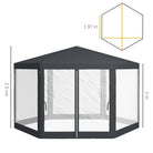 Outsunny 4M Hexagon Gazebo, Netting Party Tent, Patio Canopy Outdoor Event Shelter for Activities, Shade Resistant, Dark Grey - anydaydirect