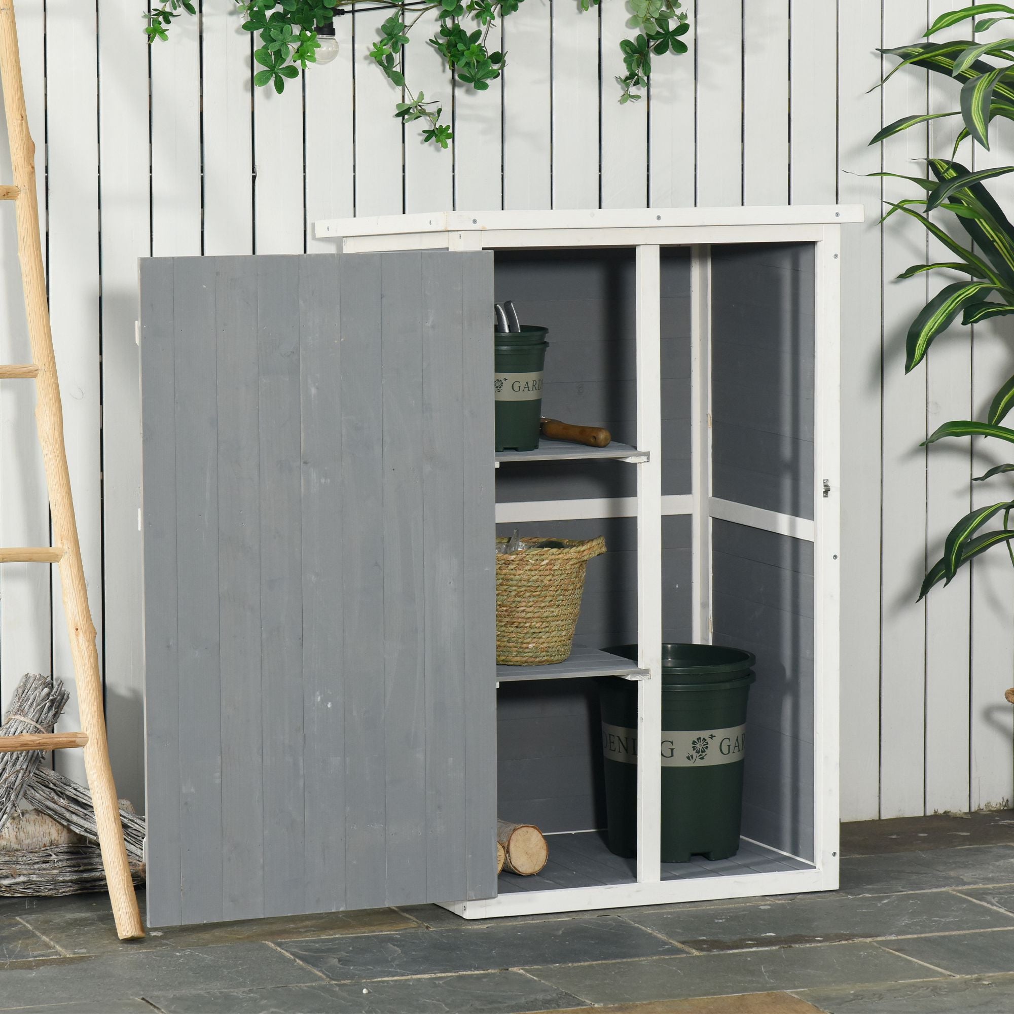 Outsunny Wooden Garden Storage Shed Fir Wood Tool Cabinet Organiser with Shelves 75L x 56W x115Hcm Grey - anydaydirect