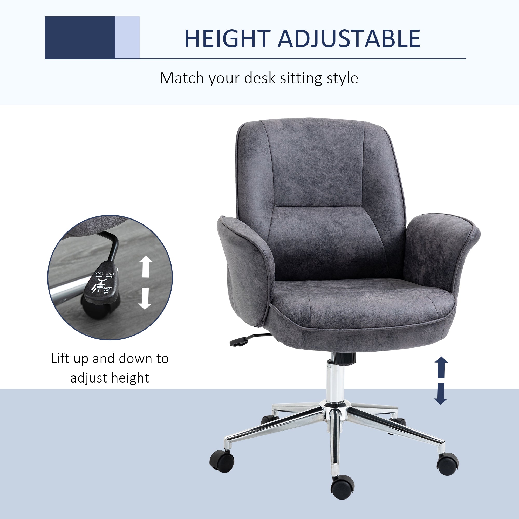 Vinsetto Swivel Computer Office Chair Mid Back Desk Chair for Home Study Bedroom,  Charcoal Grey - anydaydirect
