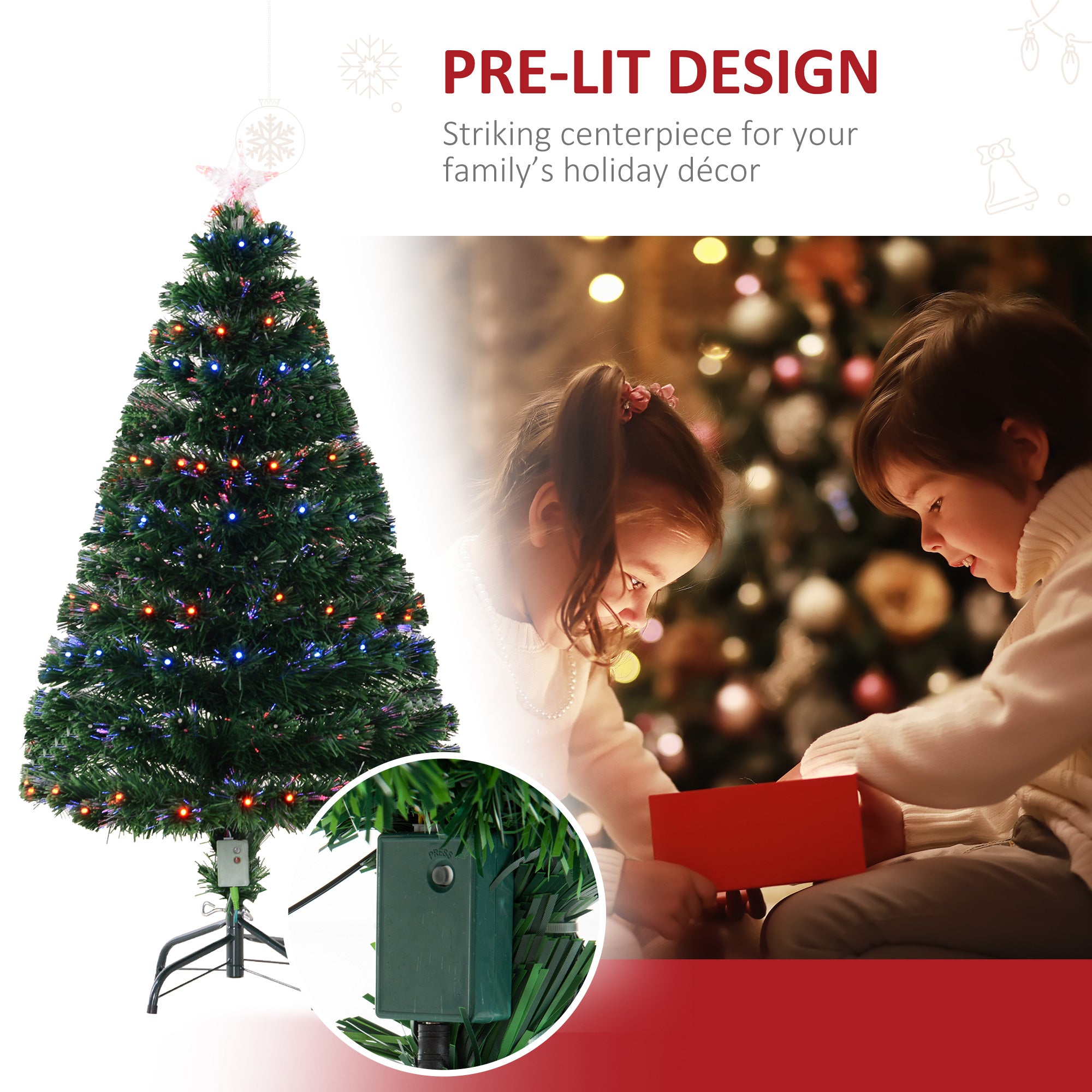 HOMCOM 4ft Pre Lit Christmas Tree Artificial Tree with Multi-Coloured Fiber Optic LED Light(4ft (120cm)) - anydaydirect