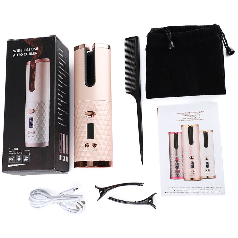 Anydaydirect Hair Curlers Cordless Automatic Hair Curler Iron USB Rechargeable LCD Display Wireless Ceramic Rotating Curling Iron Hair Tools - anydaydirect