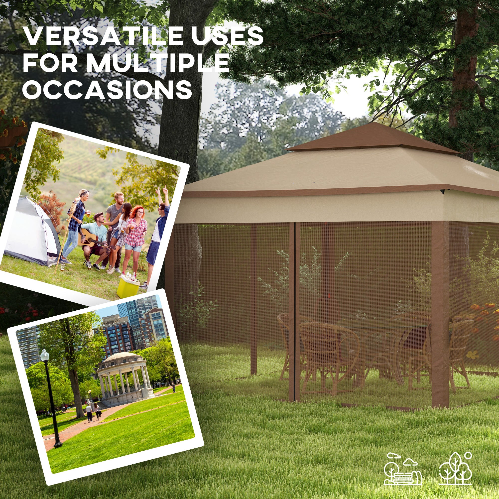Outsunny 3 x 3(m) Pop Up Gazebo, Double-roof Garden Tent with Netting and Carry Bag, Party Event Shelter for Outdoor Patio, Khaki - anydaydirect