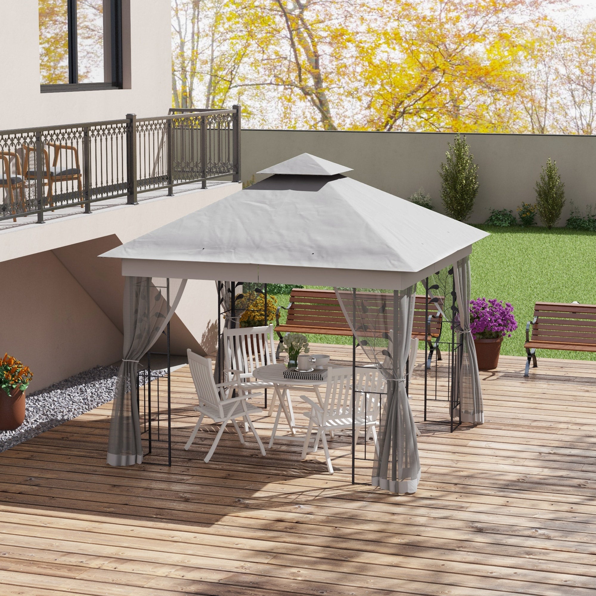 Outsunny 3(m) x 3(m)  Double Roof Outdoor Garden Gazebo Canopy Shelter with Netting, Solid Steel Frame, Light Grey - anydaydirect