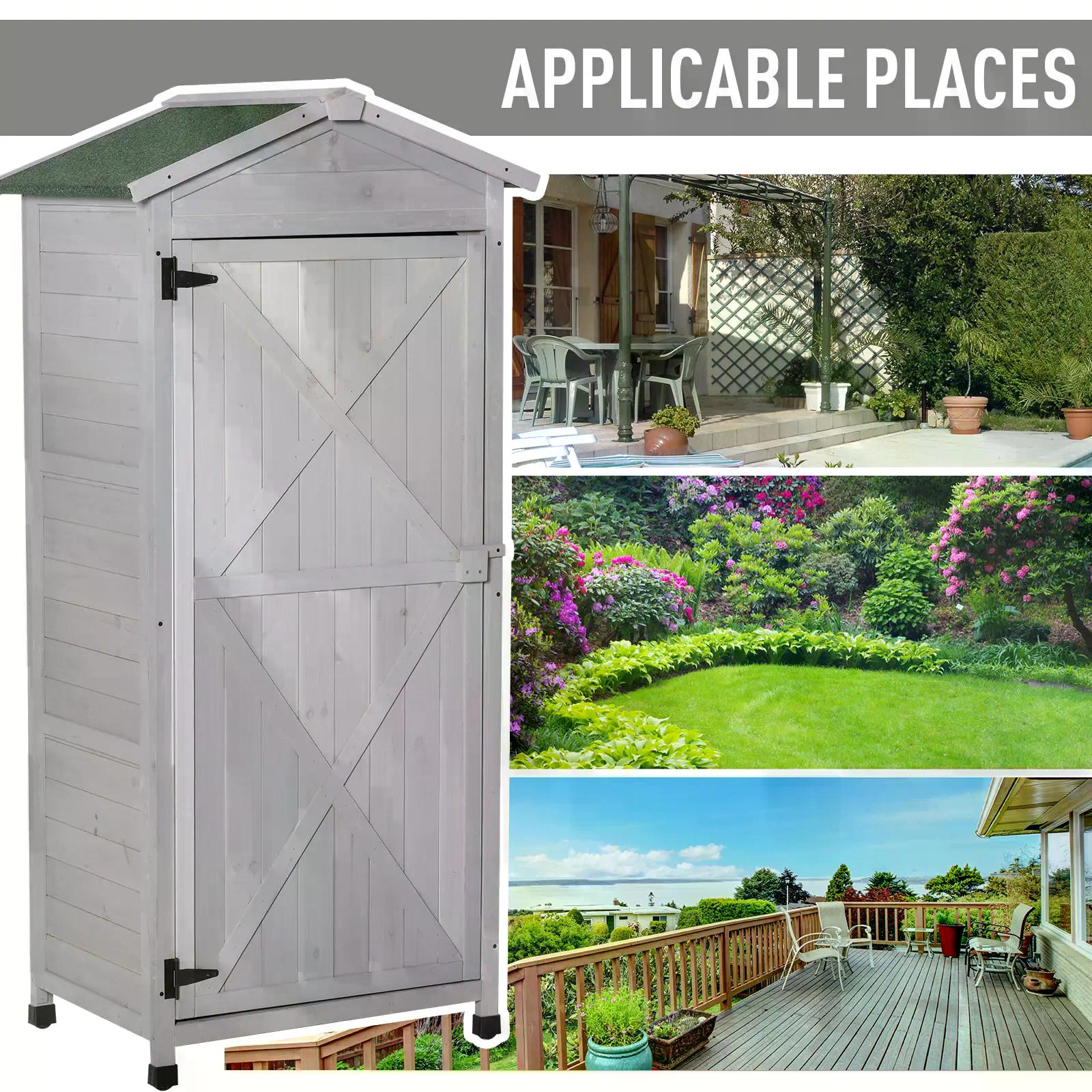 Outsunny Wooden Garden Cabinet 3-Tier Storage Shed 2 Shelves Lockable Organizer with Hooks Foot Pad 74 x 55 x 155cm Light Grey - anydaydirect