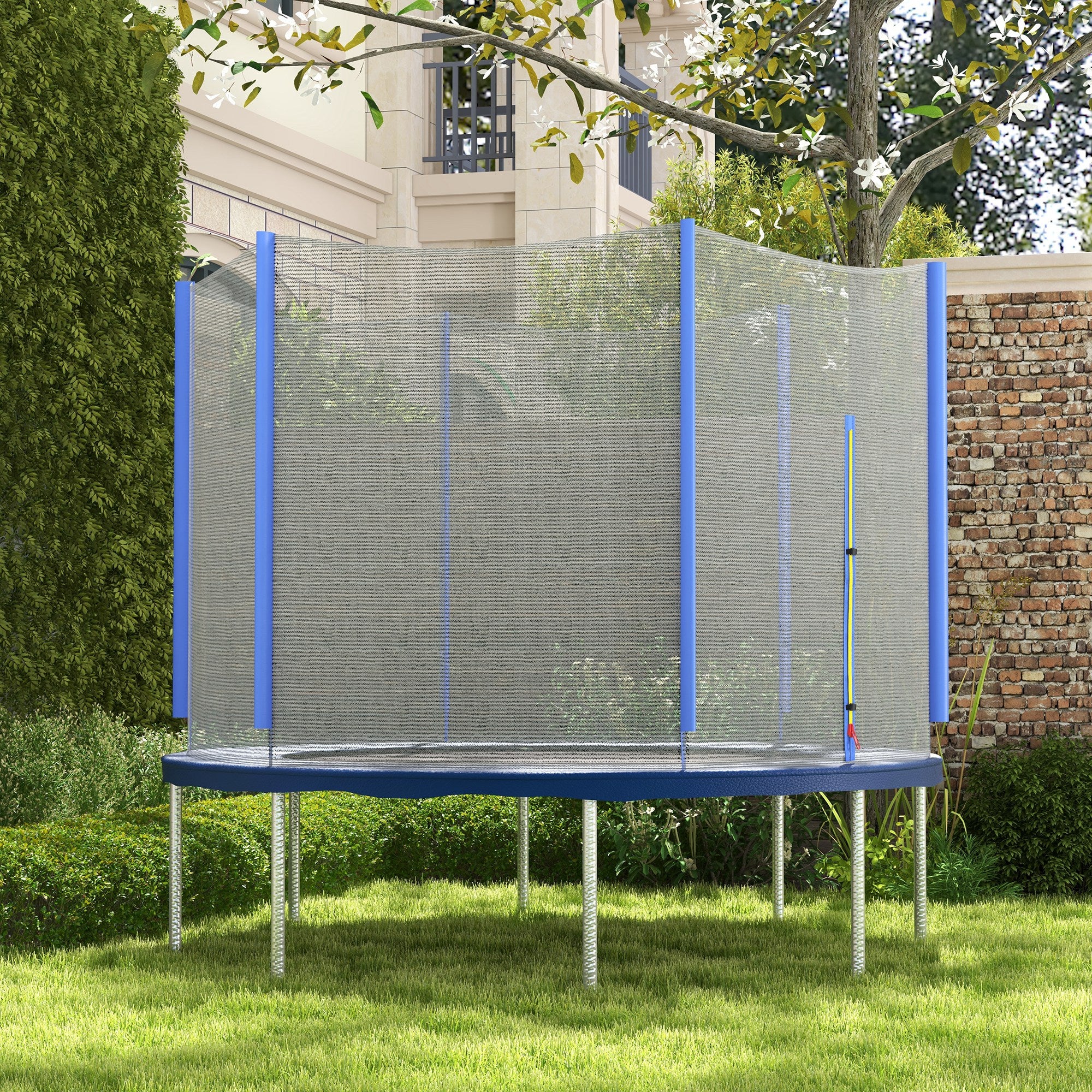 SPORTNOW 10ft Trampoline Net Replacement with 6 Plastic Pole Covers, Weather-Resistant Trampoline Netting Replacement with Zipped Entrance, Poles Not Included, Blue - anydaydirect