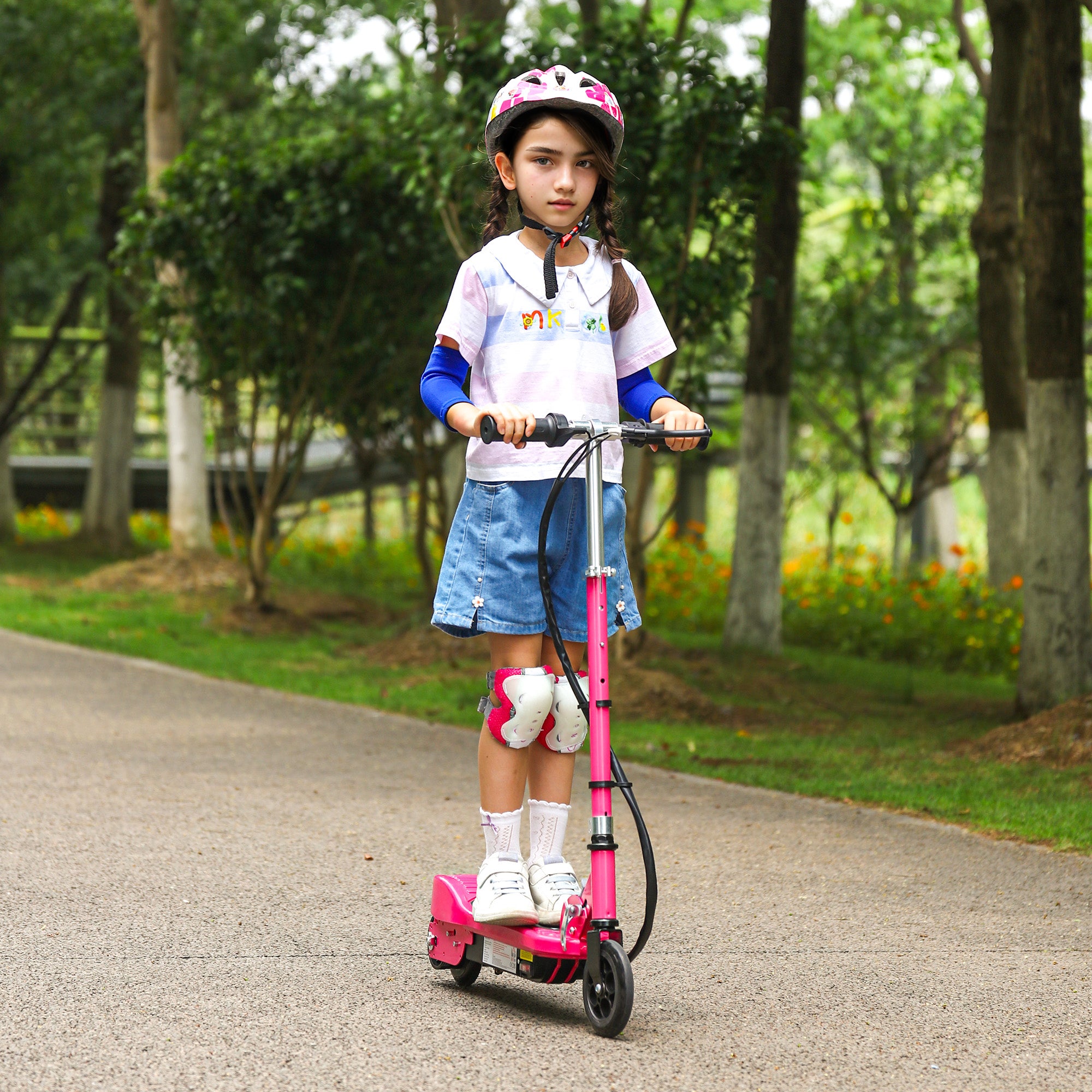 HOMCOM Folding Electric Kids Scooter Ride on Age 7-14, Pink - anydaydirect