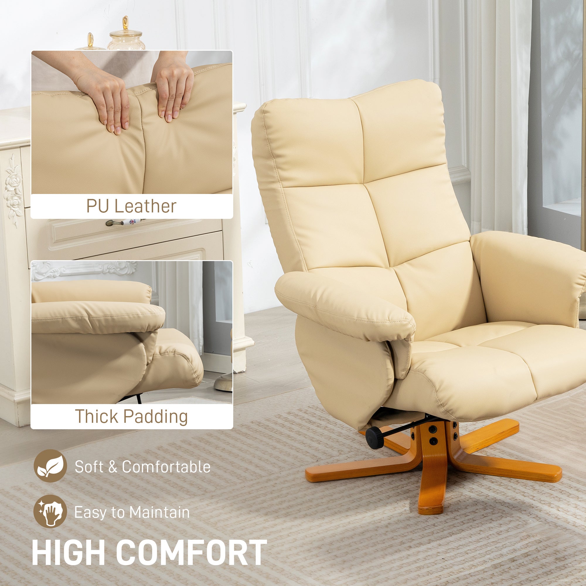 HOMCOM PU Leather Swivel Recliner Chair with Footstool, Wooden Base and Storage for Living Room, Beige - anydaydirect
