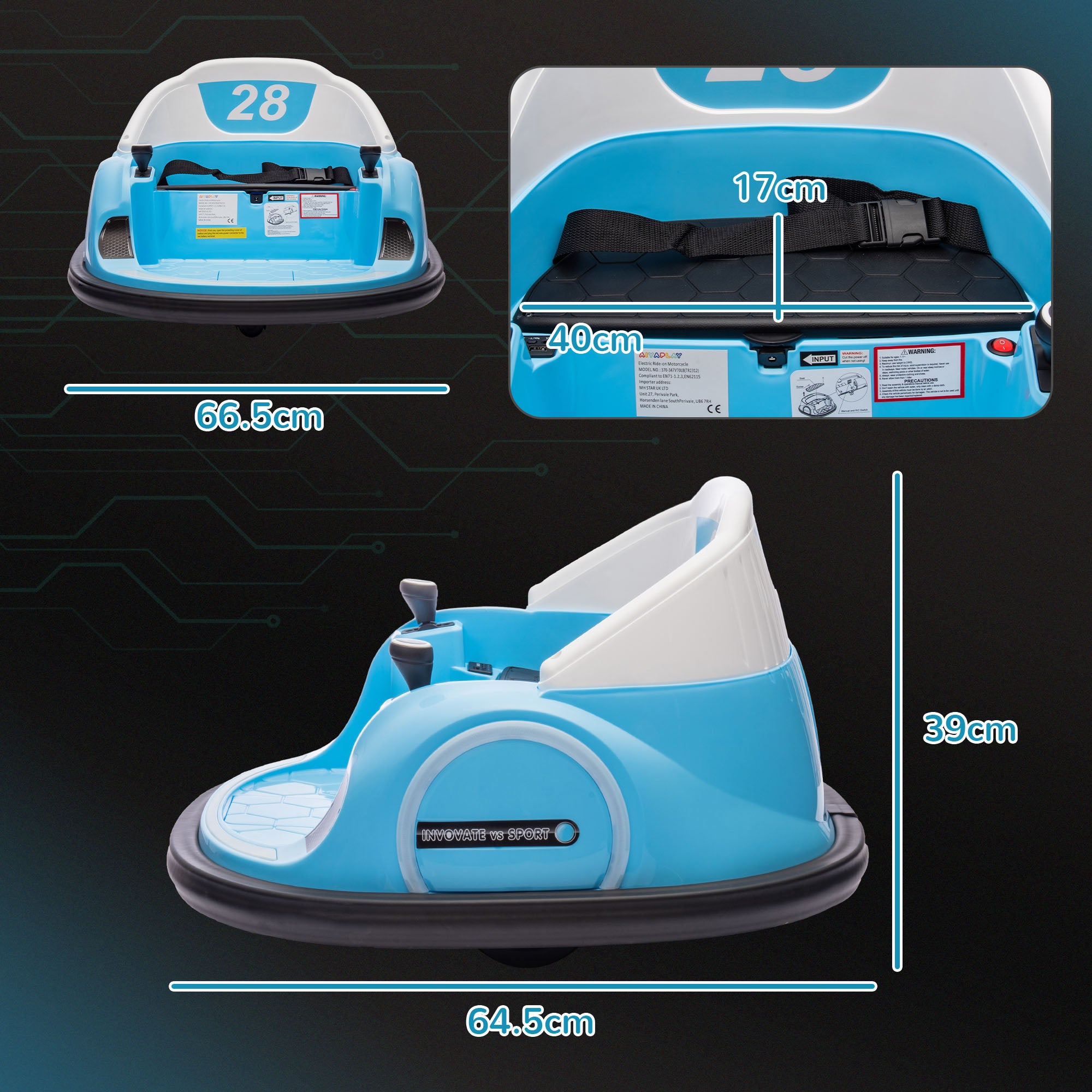 AIYAPLAY 360° Rotation Kids Bumper Car, 12V Waltzer Car with Remote Control, Dual Joysticks, Music Lights - Light Blue - anydaydirect