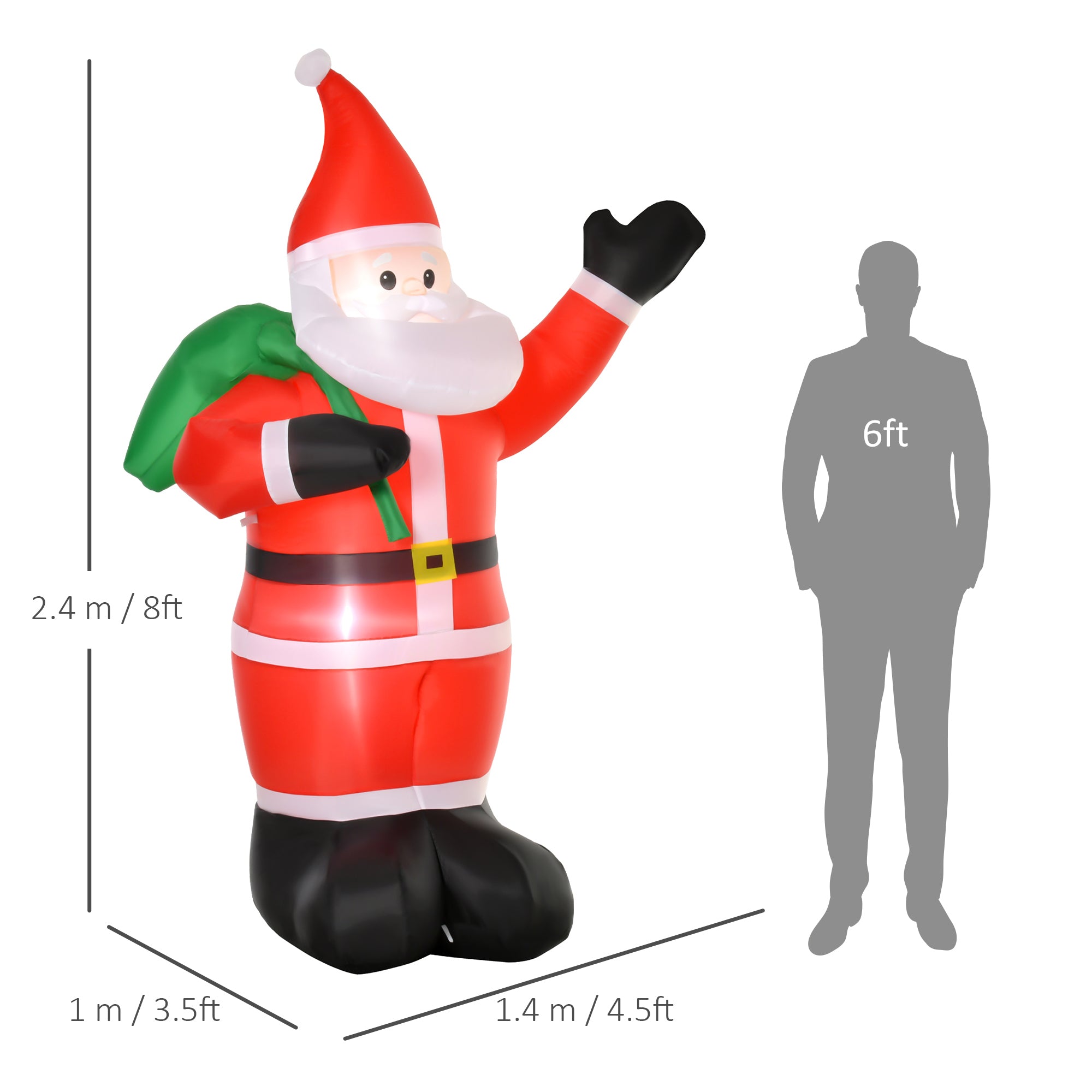 HOMCOM 2.4m Christmas Inflatable Santa Holiday Yard Decoration with LED Lights, Indoor Outdoor Lawn Blow Up Decor - anydaydirect