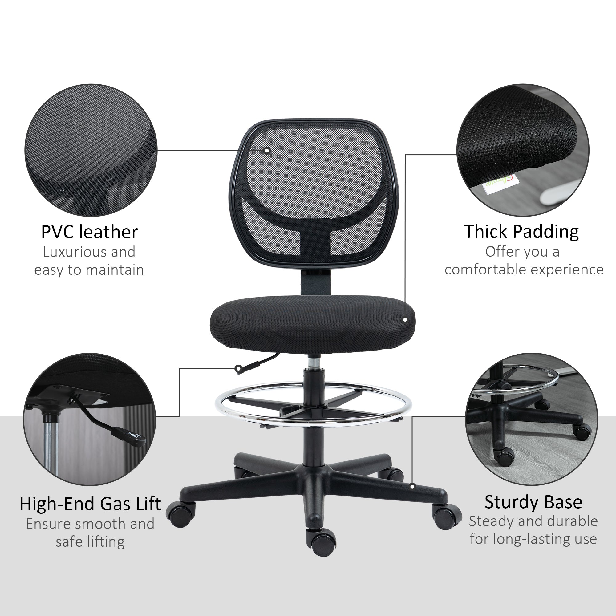 Vinsetto Ergonomic Mesh Standing Desk Chair with Adjustable Footrest Ring and Seat Height Black - anydaydirect