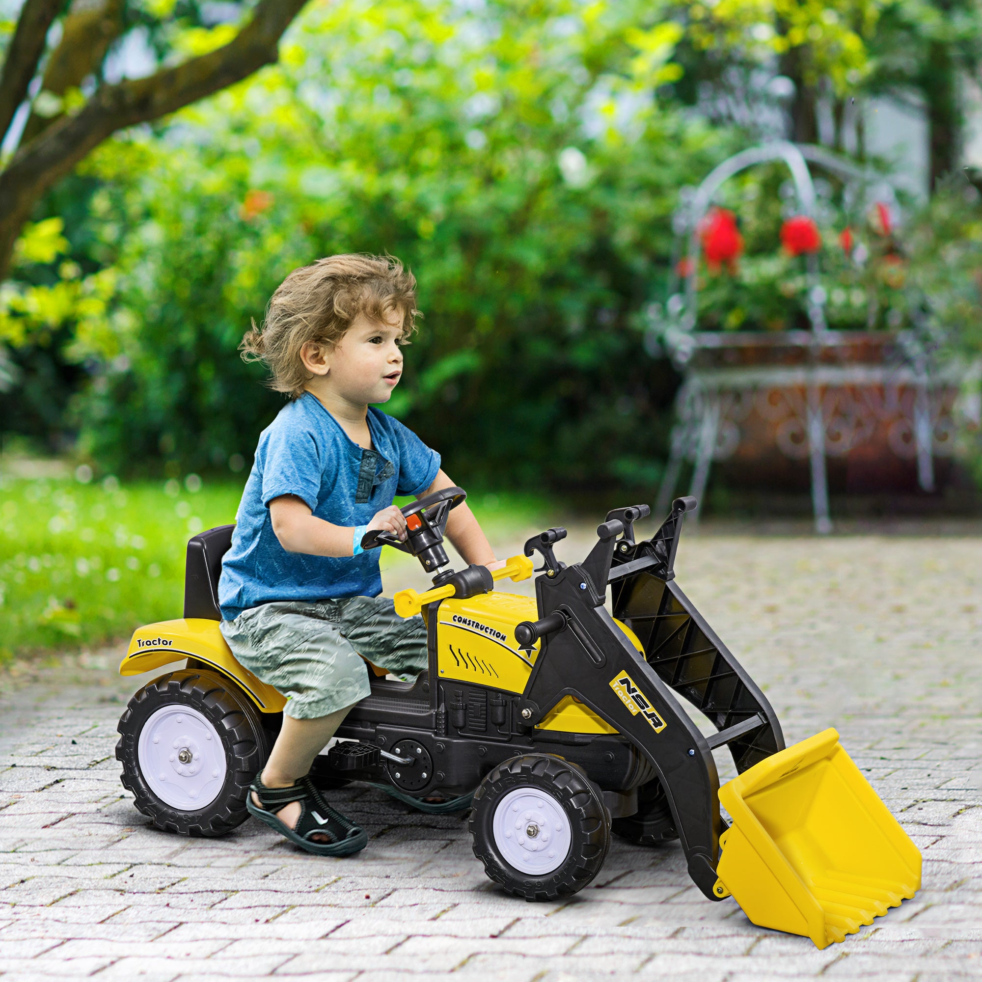 HOMCOM Pedal Go Kart Ride On Excavator W/ Front Loader Digger Four Wheels Child Toy, for 3 Years Old - anydaydirect