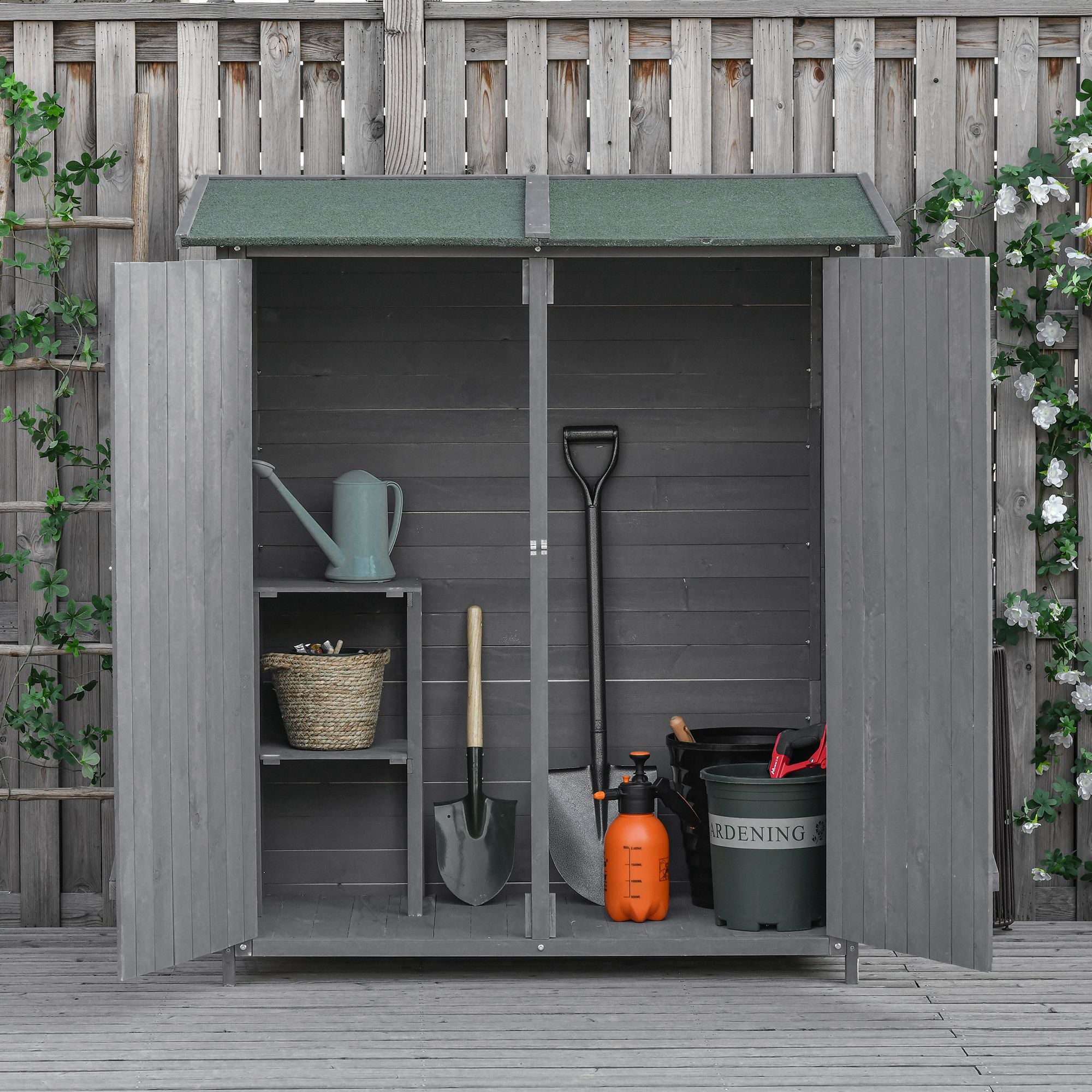 Outsunny Wooden Garden Storage Shed Lockable Tool Cabinet Organizer w/ Storage Table, Double Door, 139 x 75 x 160 cm, Grey - anydaydirect