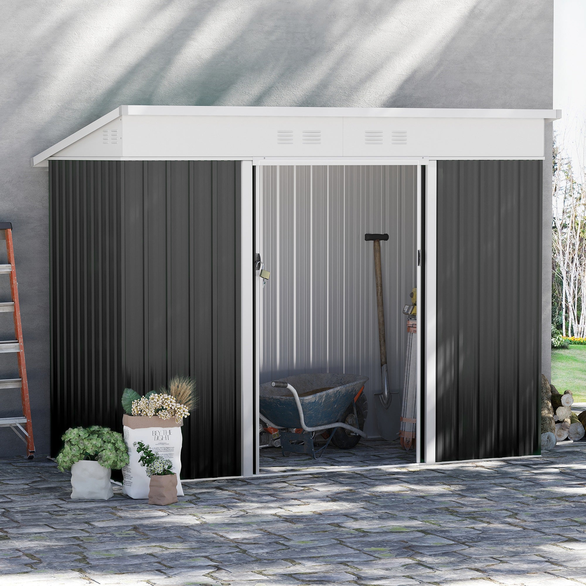 Outsunny 7.6 x 4.3ft Garden Storage Shed w/ Sliding Door Ventilation Window Sloped Roof Gardening Tool Storage Dark Grey - anydaydirect